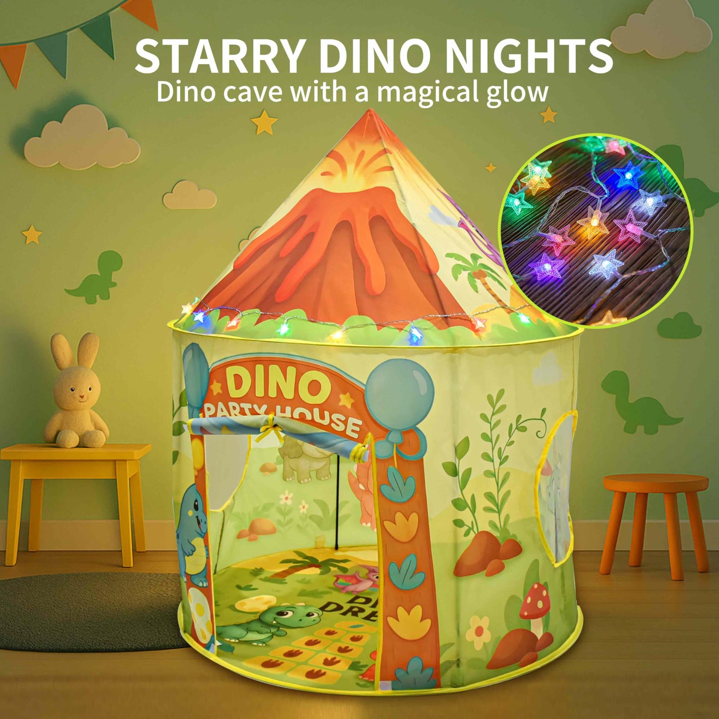 Amplov LED Dinosaur Play Tent – 53”×41” Pop Up Indoor/Outdoor Dino Fort