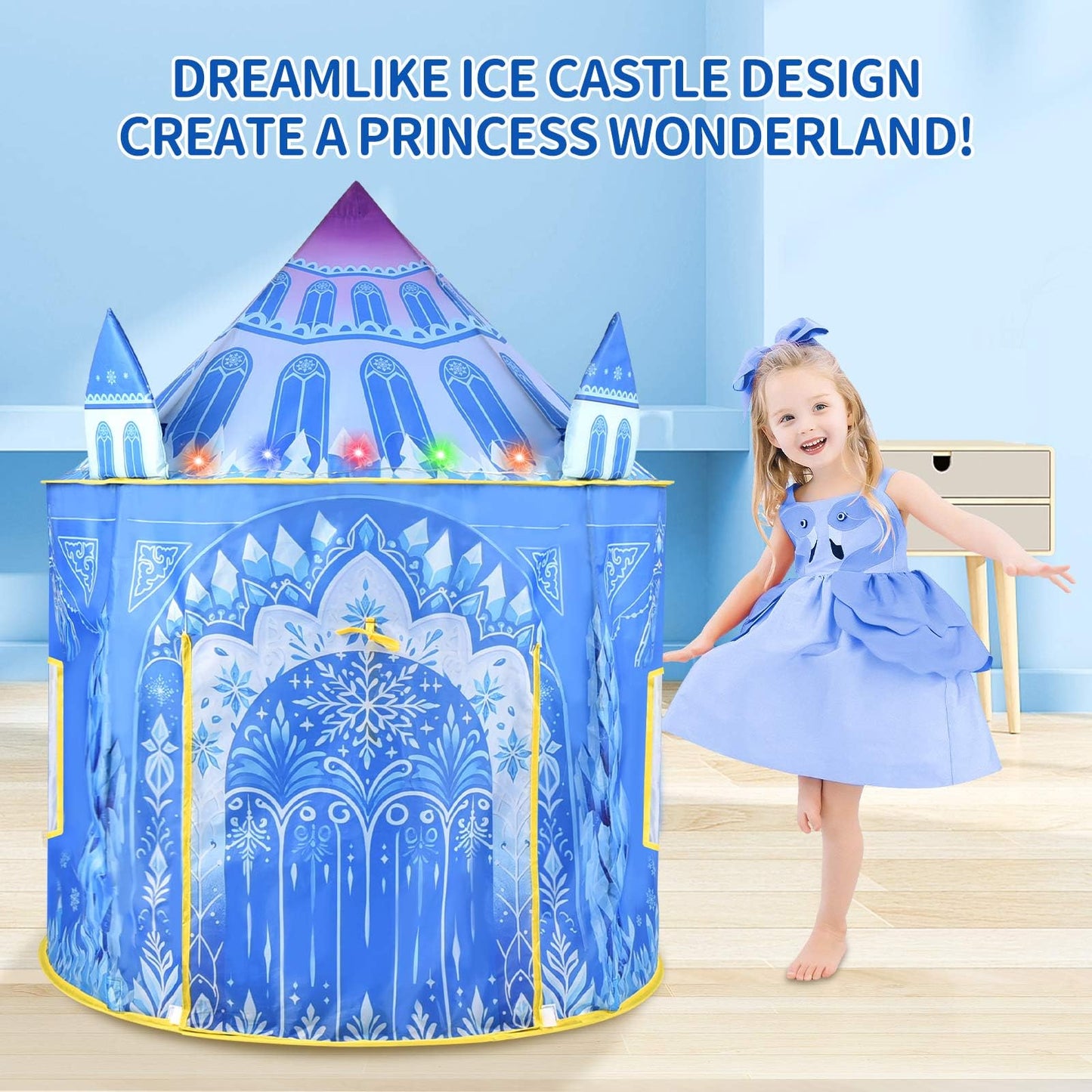 Amplov Princess Pop Up Play Tent – Frozen Ice Castle with LED Lights (53x41 in)