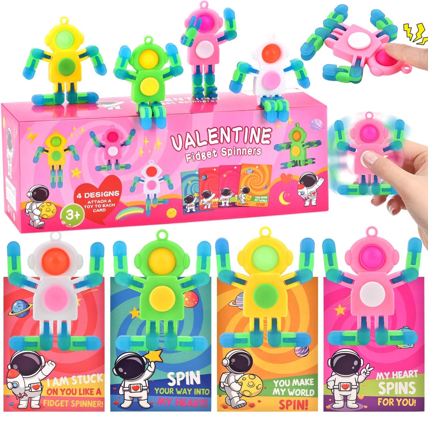 Amplov 28-Pack Valentines Gifts for Kids — Space Astronaut Fidget Spinner & Card Set