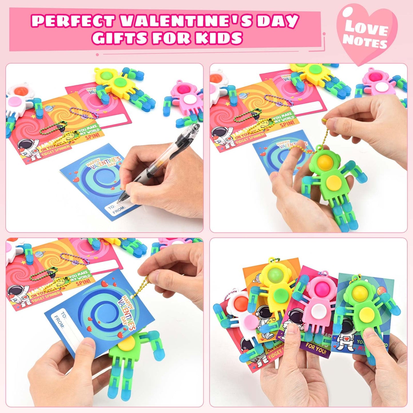 Amplov 28-Pack Valentines Gifts for Kids — Space Astronaut Fidget Spinner & Card Set