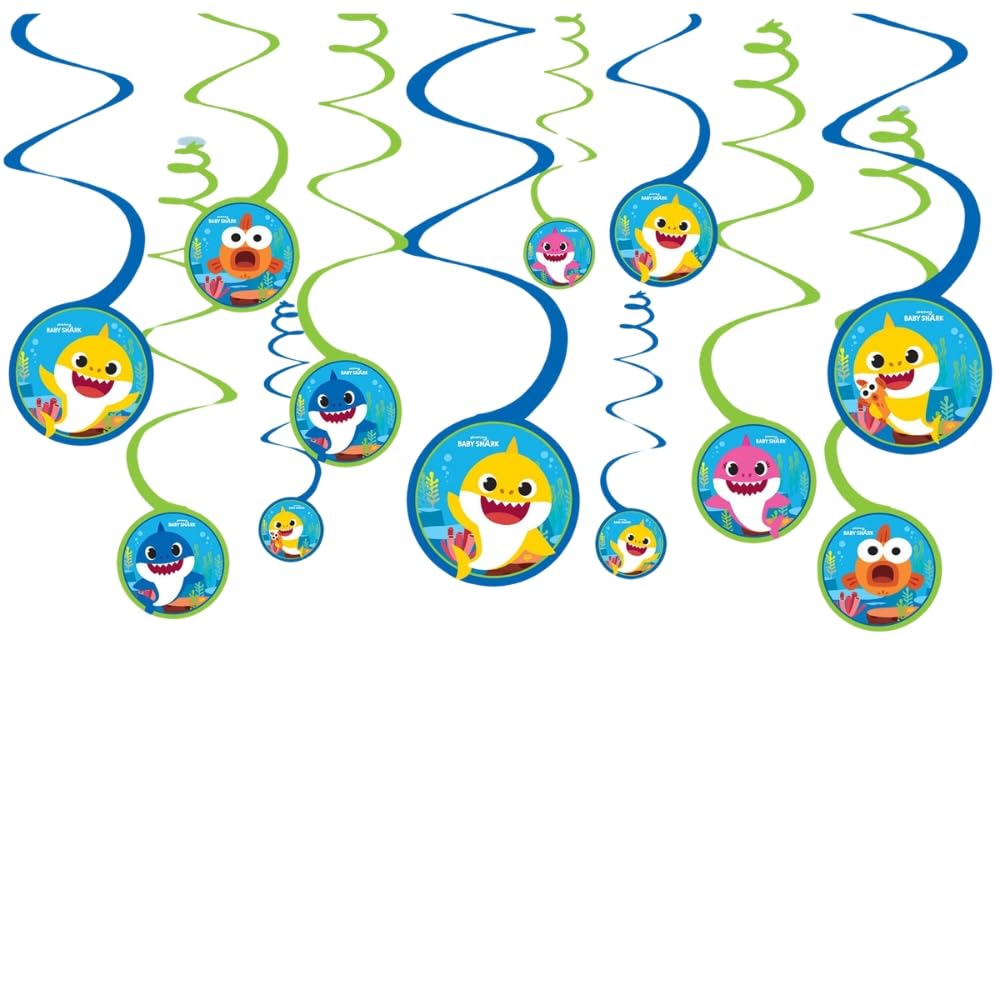 Amscan Baby Shark Spiral Decorations – 5-Inch (Pack of 12) – Assorted Designs