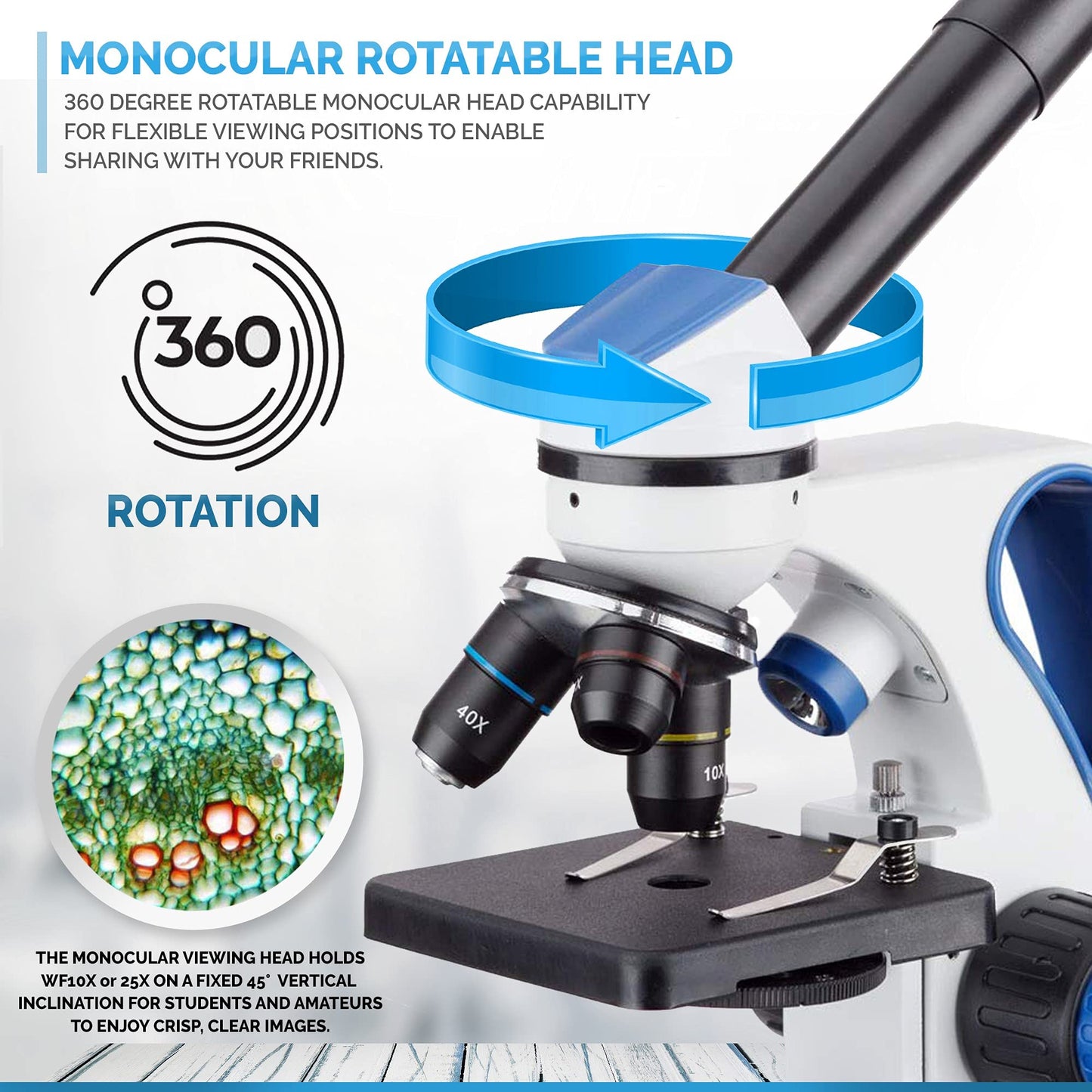 AmScope M162C-2L-PB10-WM Awarded 2018 Best Students & Kids Microscope Kit — 40X-1000X Dual LED, Slides + Book, Blue