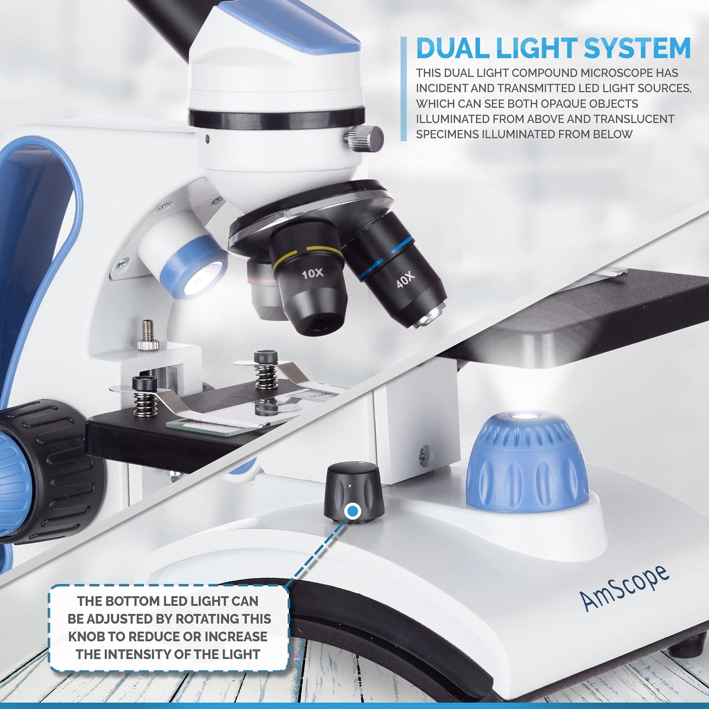 AmScope M162C-2L-PB10-WM Awarded 2018 Best Students & Kids Microscope Kit — 40X-1000X Dual LED, Slides + Book, Blue