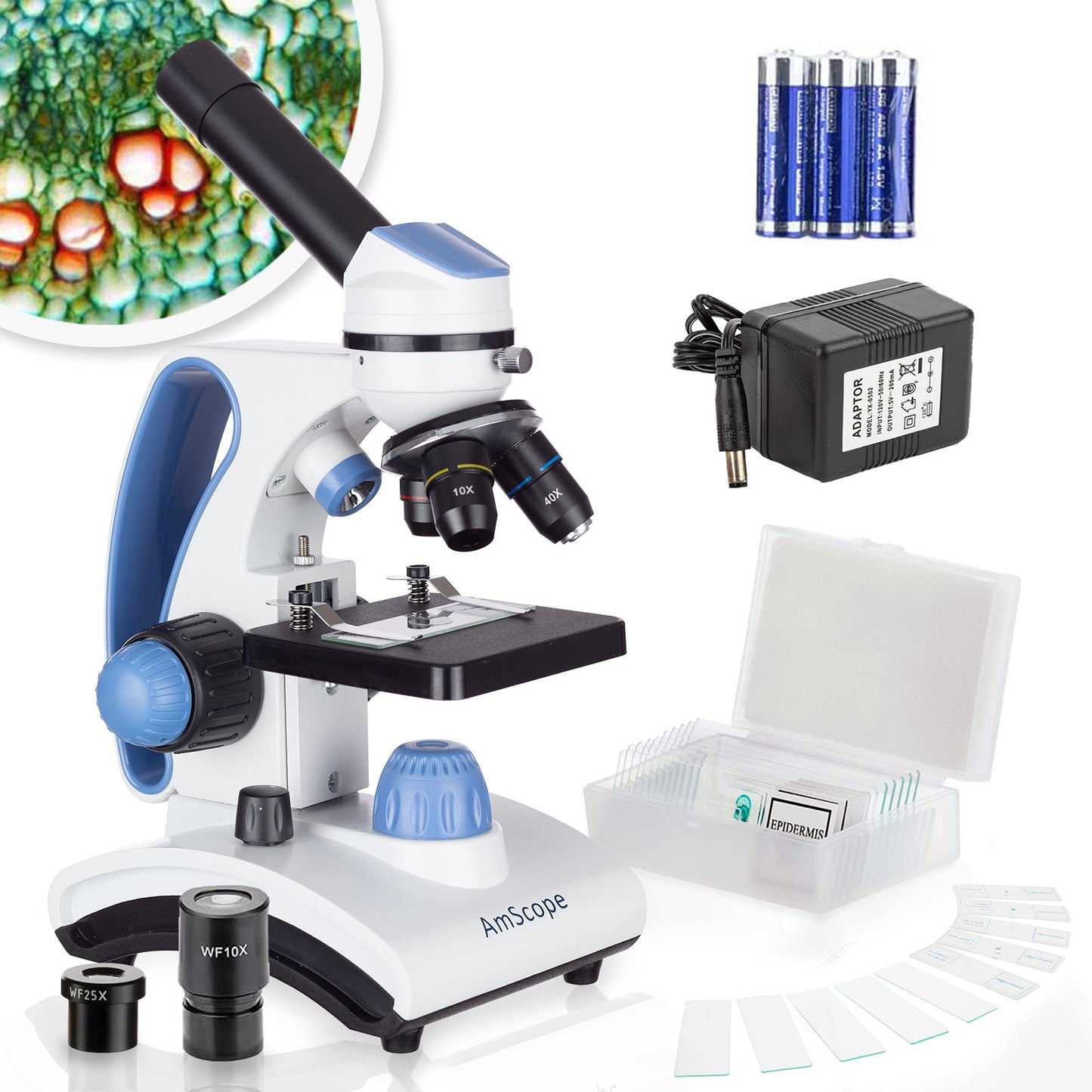 AmScope M162C-2L-PB10-WM Awarded 2018 Best Students & Kids Microscope Kit — 40X-1000X Dual LED, Slides + Book, Blue