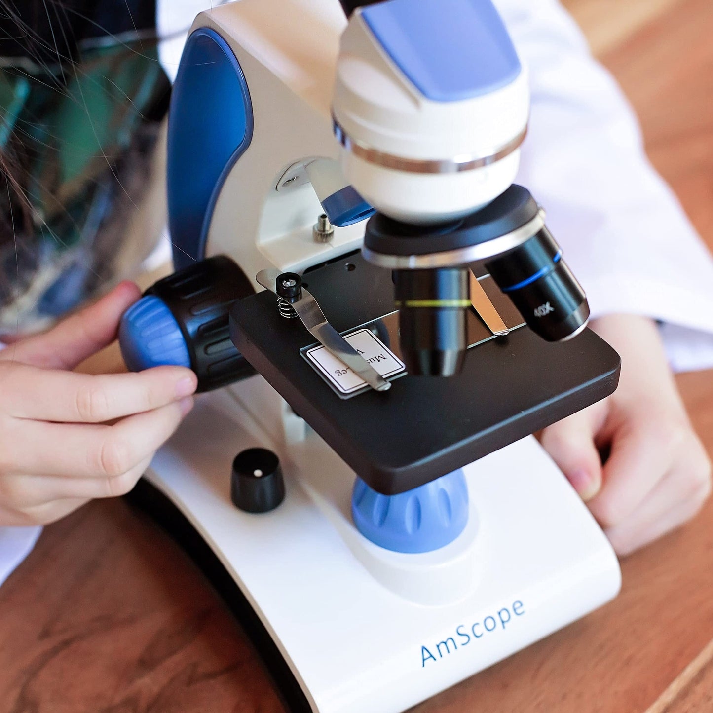 AmScope M162C-2L-PB10-WM Awarded 2018 Best Students & Kids Microscope Kit — 40X-1000X Dual LED, Slides + Book, Blue