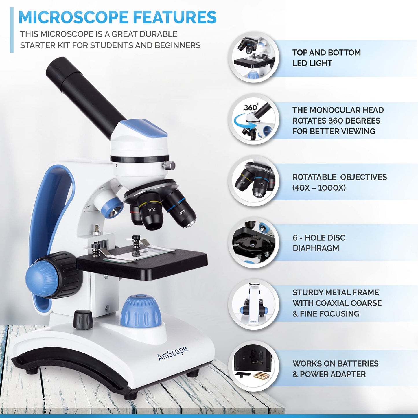 AmScope M162C-2L-PB10-WM Awarded 2018 Best Students & Kids Microscope Kit — 40X-1000X Dual LED, Slides + Book, Blue