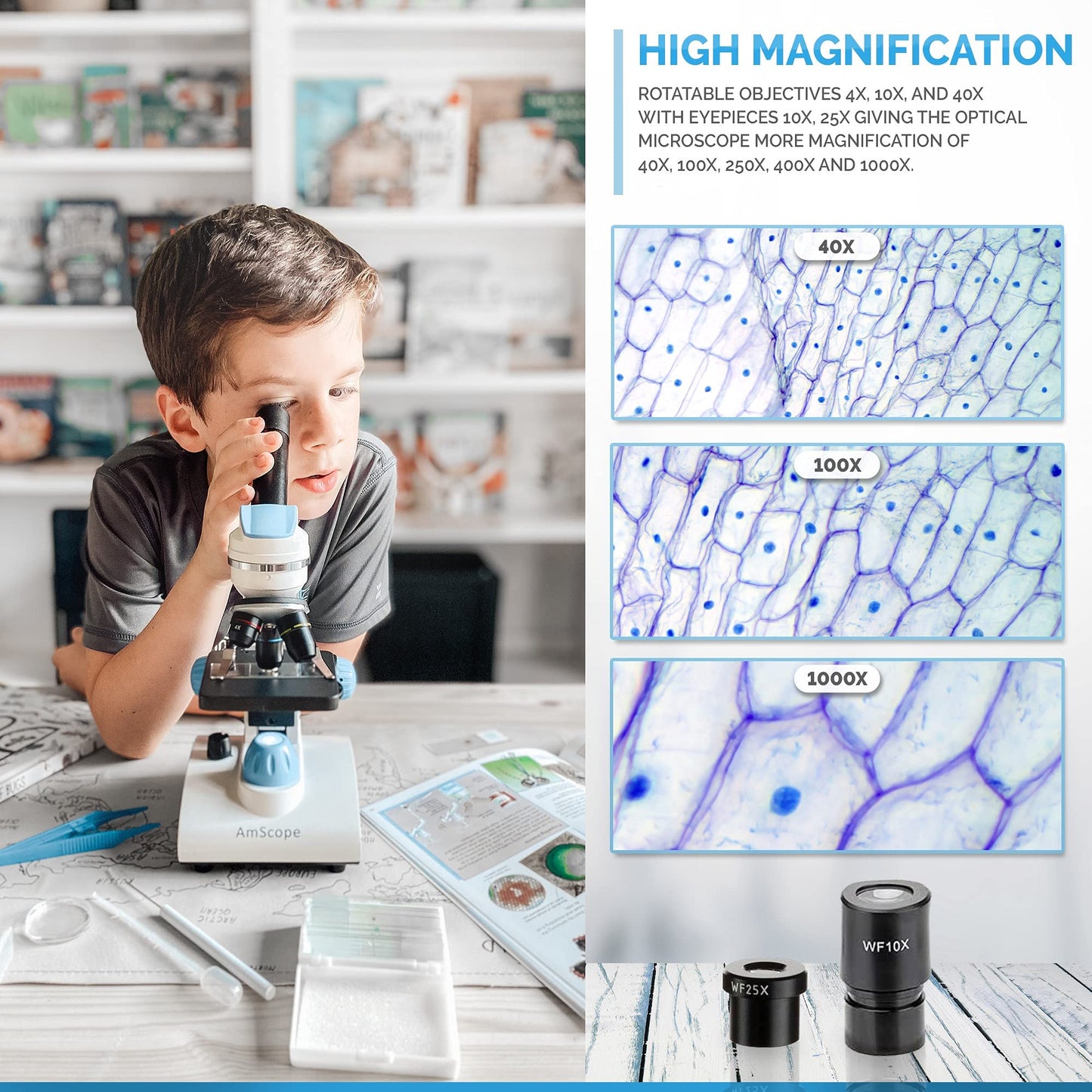 AmScope M162C-2L-PB10-WM Awarded 2018 Best Students & Kids Microscope Kit — 40X-1000X Dual LED, Slides + Book, Blue