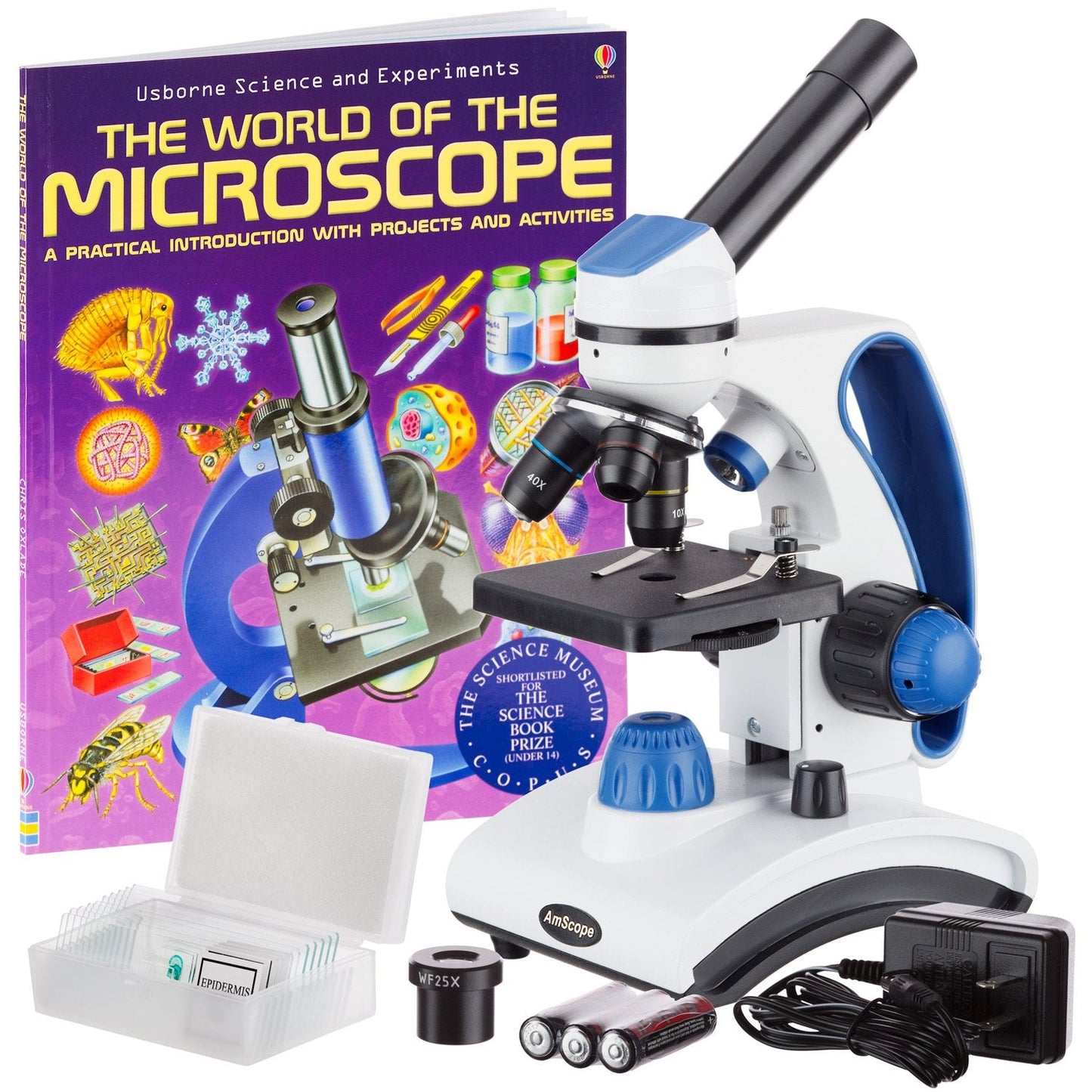 AmScope M162C-2L-PB10-WM Awarded 2018 Best Students & Kids Microscope Kit — 40X-1000X Dual LED, Slides + Book, Blue