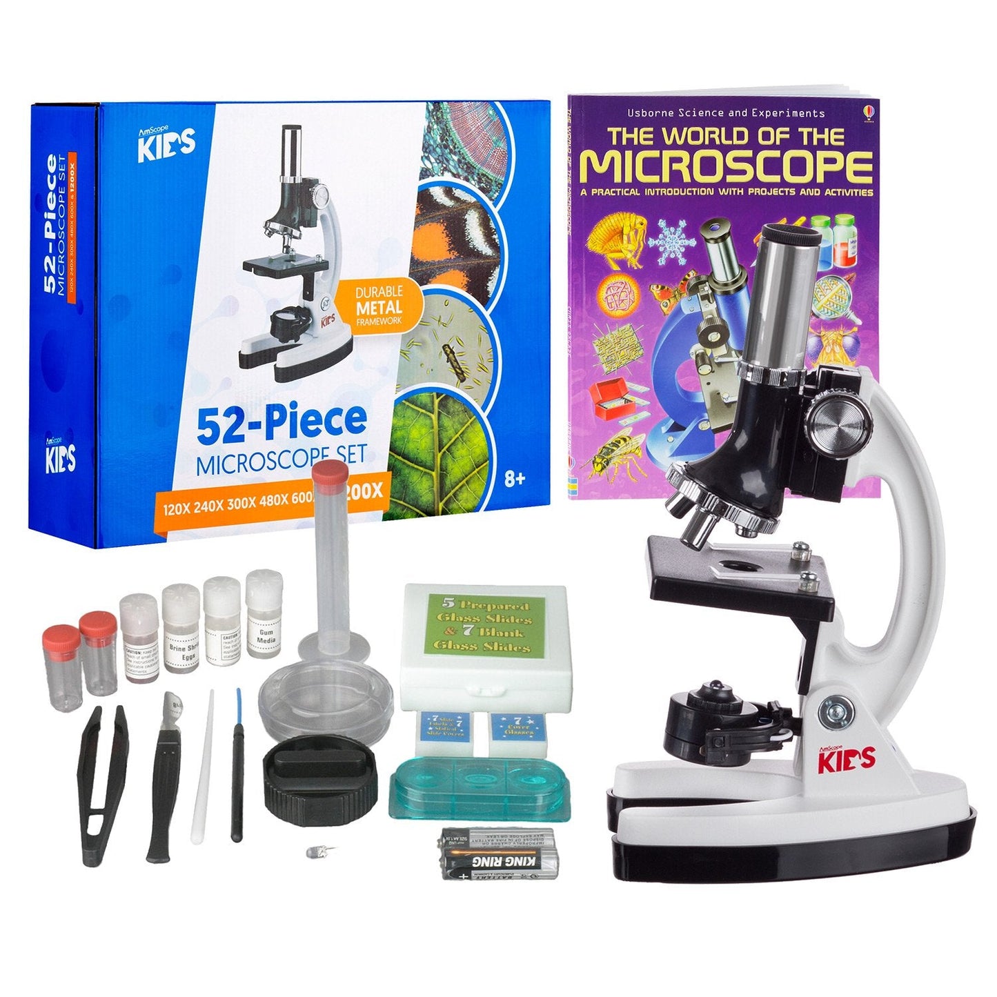 AmScope M30-ABS-KT2-W-WM 1200X Kids Microscope Kit – 52-Piece Set with LED Light, Case & Slides