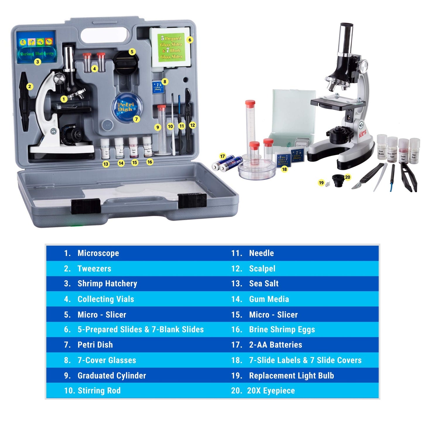 AmScope M30-ABS-KT2-W-WM 1200X Kids Microscope Kit – 52-Piece Set with LED Light, Case & Slides