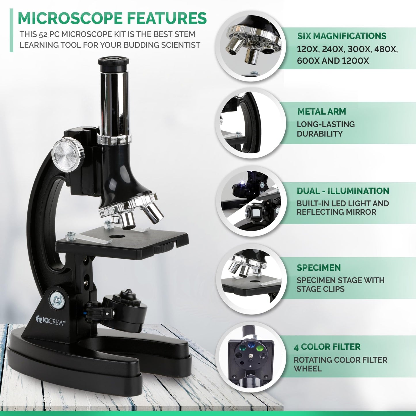 AmScope M30 Series 52-Piece STEM Microscope Kit for Kids | Portable Monocular Microscope