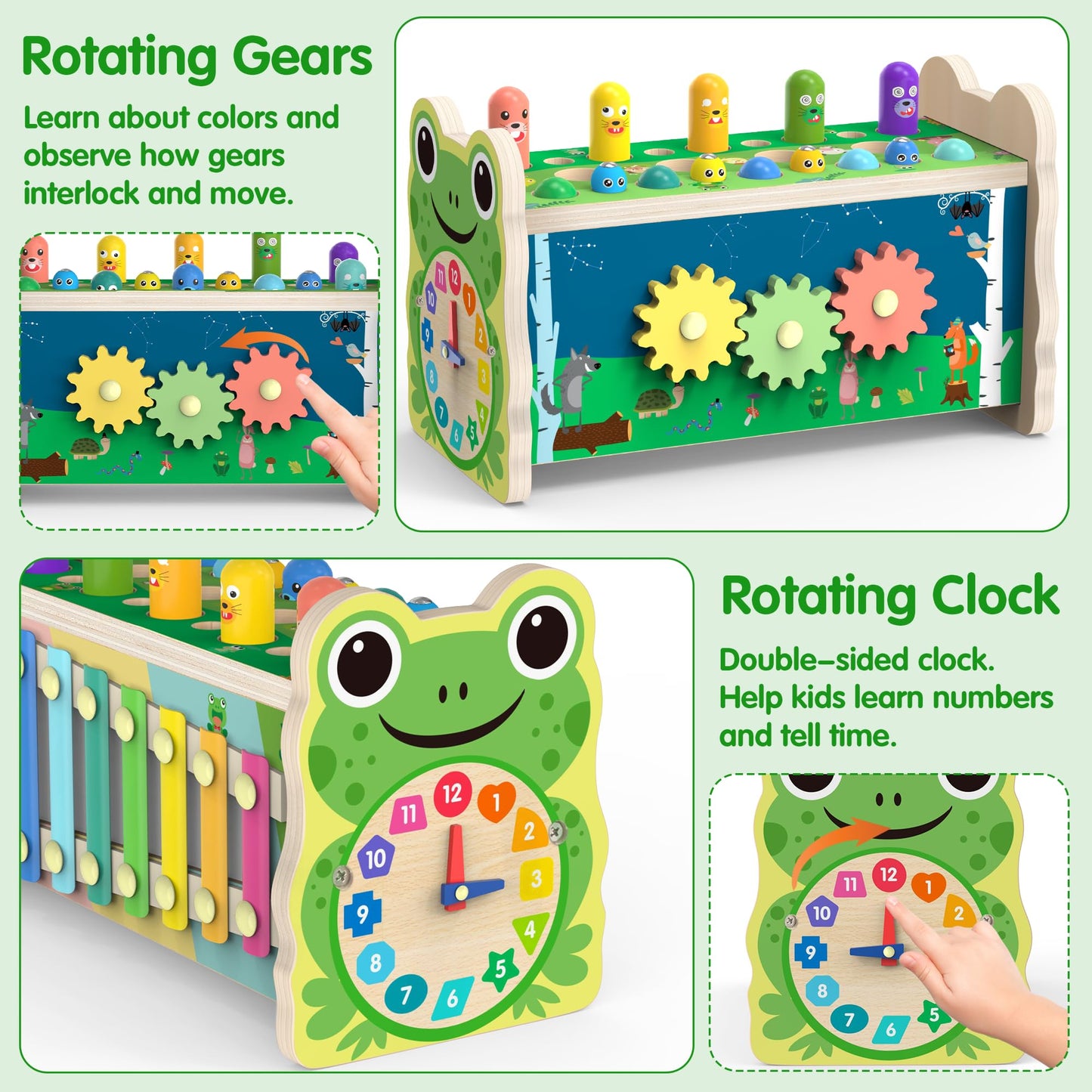 Amtreen 6-in-1 Wooden Montessori Toy for 1–4 Years | Mole Tapping, Xylophone, Frog Clock