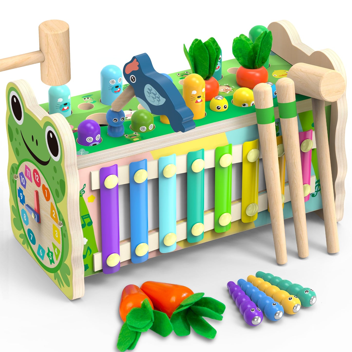 Amtreen 6-in-1 Wooden Montessori Toy for 1–4 Years | Mole Tapping, Xylophone, Frog Clock