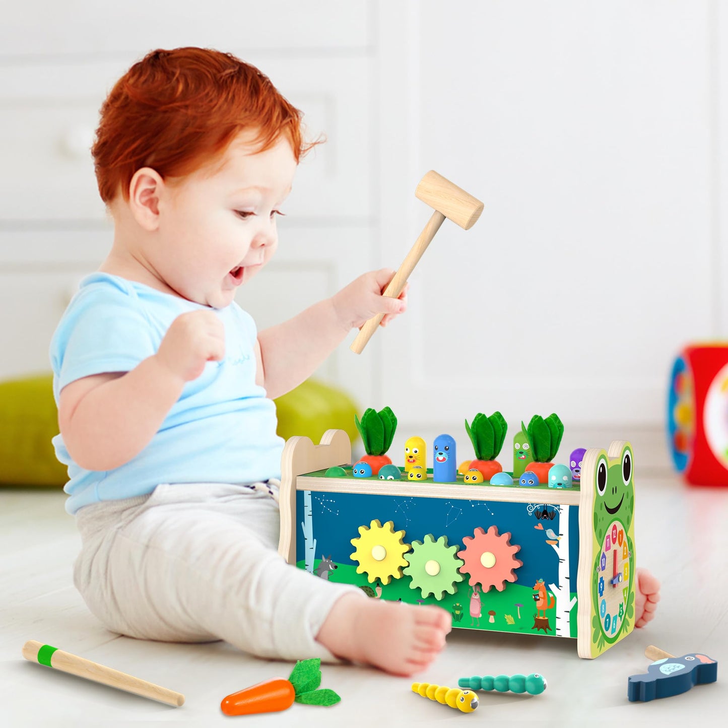 Amtreen 6-in-1 Wooden Montessori Toy for 1–4 Years | Mole Tapping, Xylophone, Frog Clock