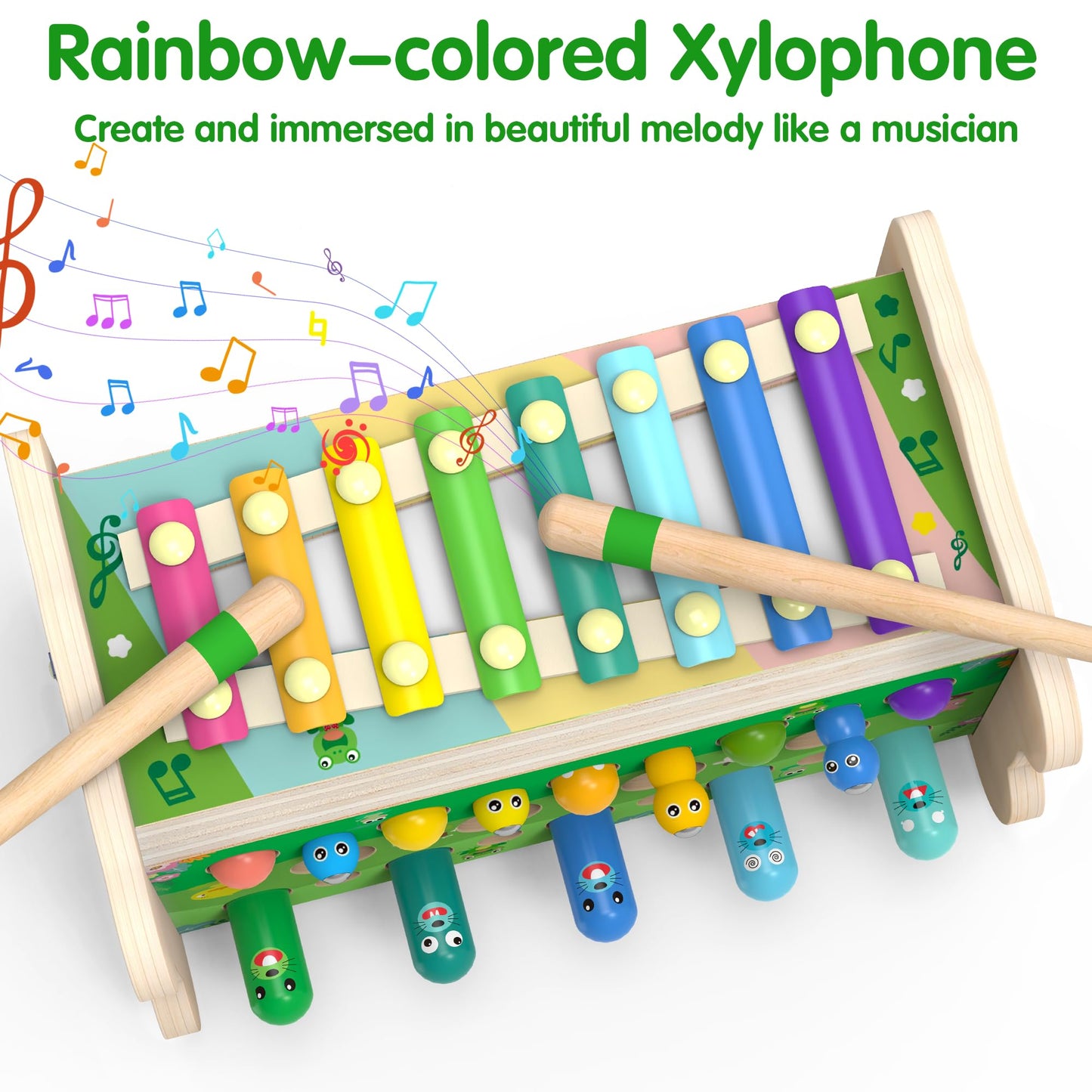 Amtreen 6-in-1 Wooden Montessori Toy for 1–4 Years | Mole Tapping, Xylophone, Frog Clock