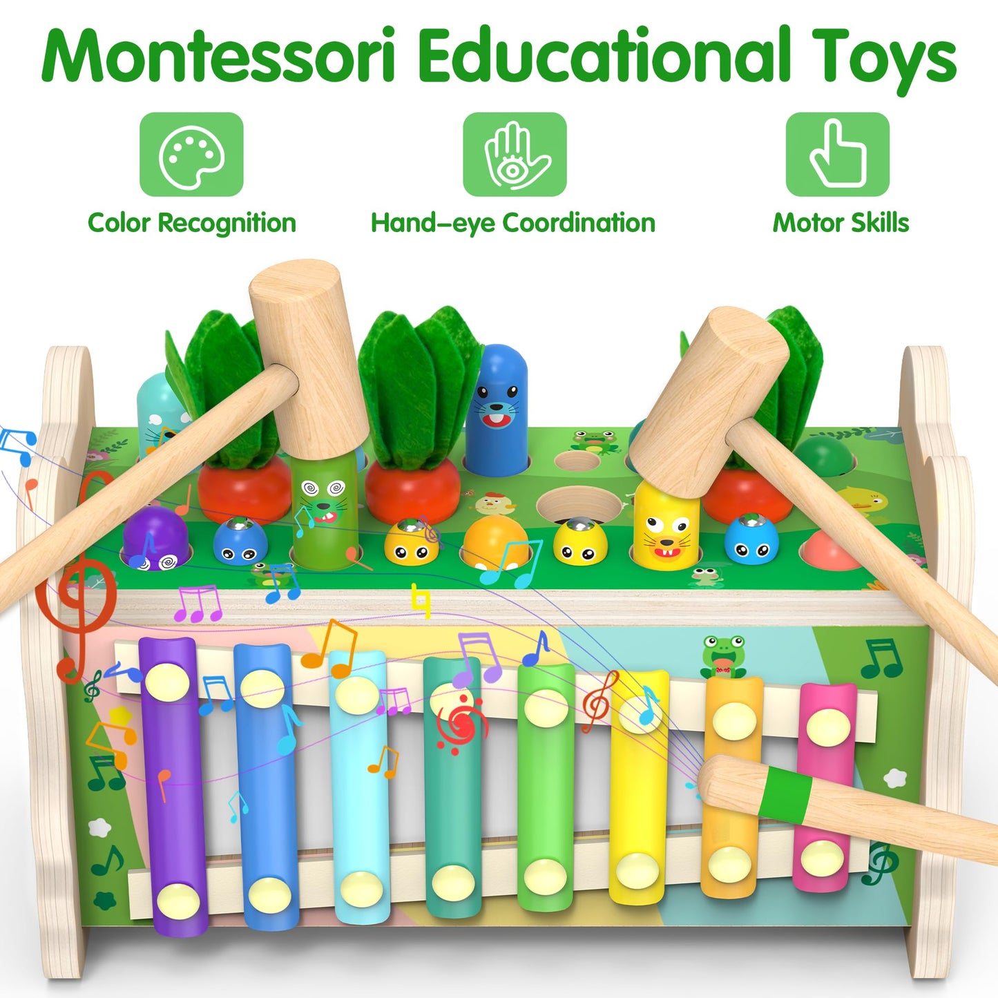 Amtreen 6-in-1 Wooden Montessori Toy for 1–4 Years | Mole Tapping, Xylophone, Frog Clock