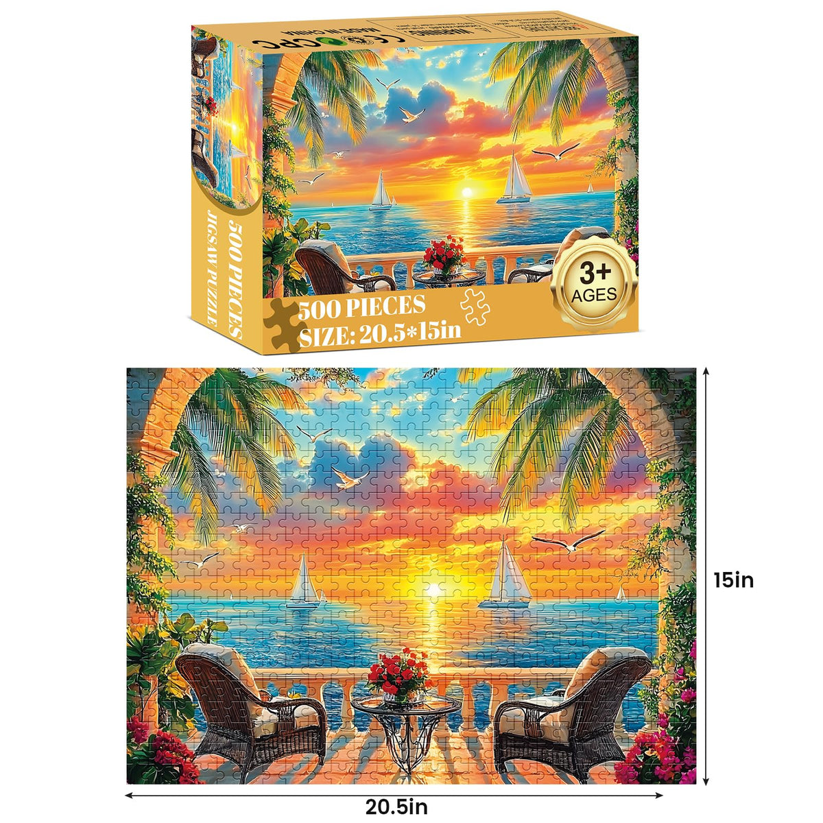 Amusding 500-Piece Ocean Sunset Puzzle for Adults | Recyclable Cardboard, HD Print