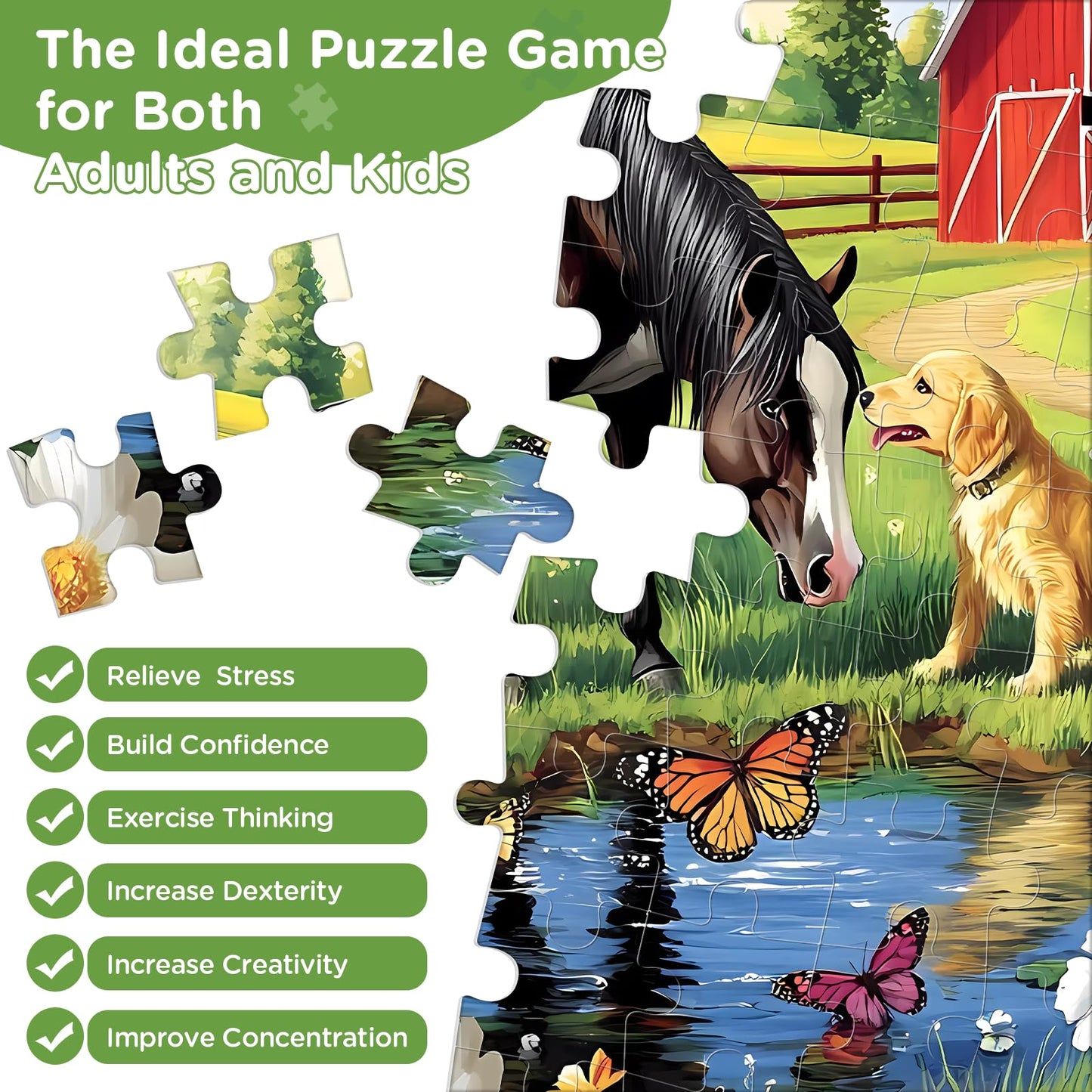 Amusding 300-Piece Puzzle for Adults — Golden Retriever & Horse on Farm Scene | 20.5 x 15 in