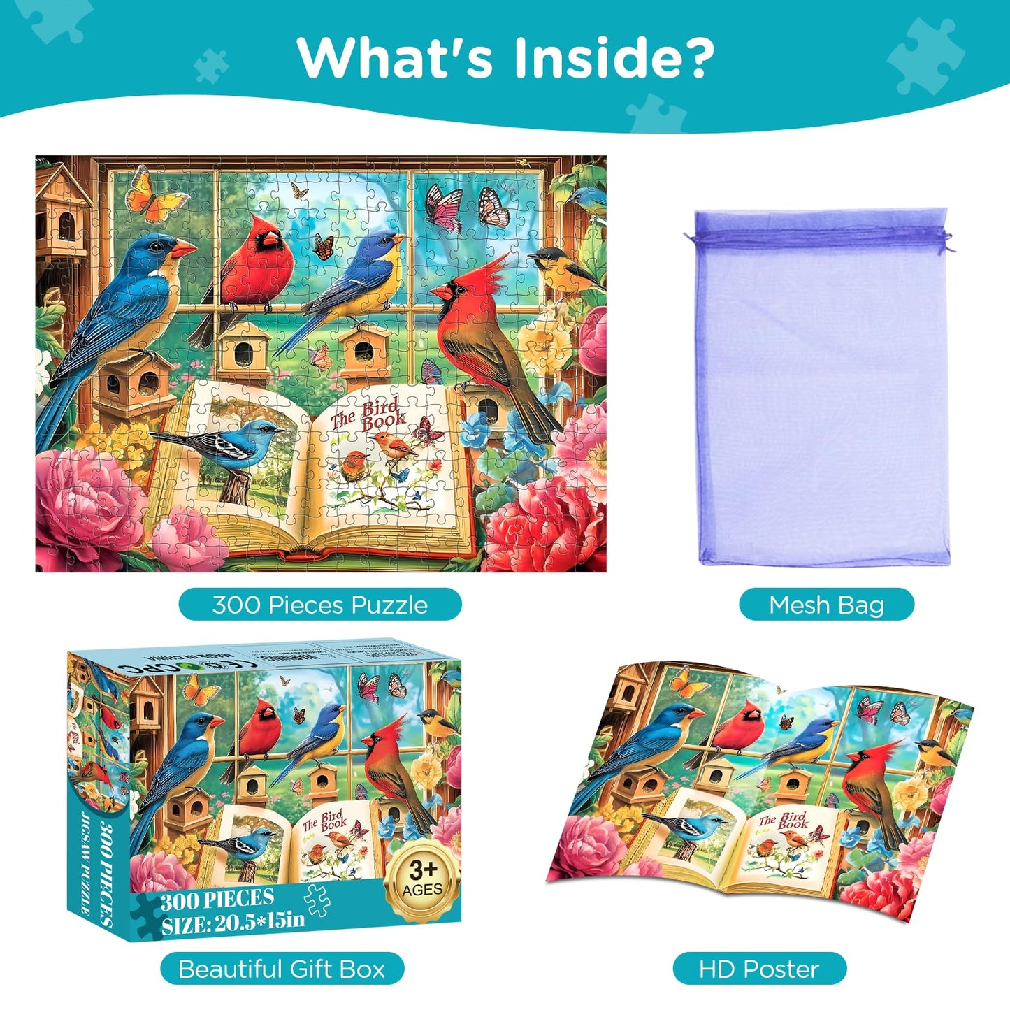Amusding 300-Piece Jigsaw Puzzle: Bird Book for Kids, Adults & Seniors