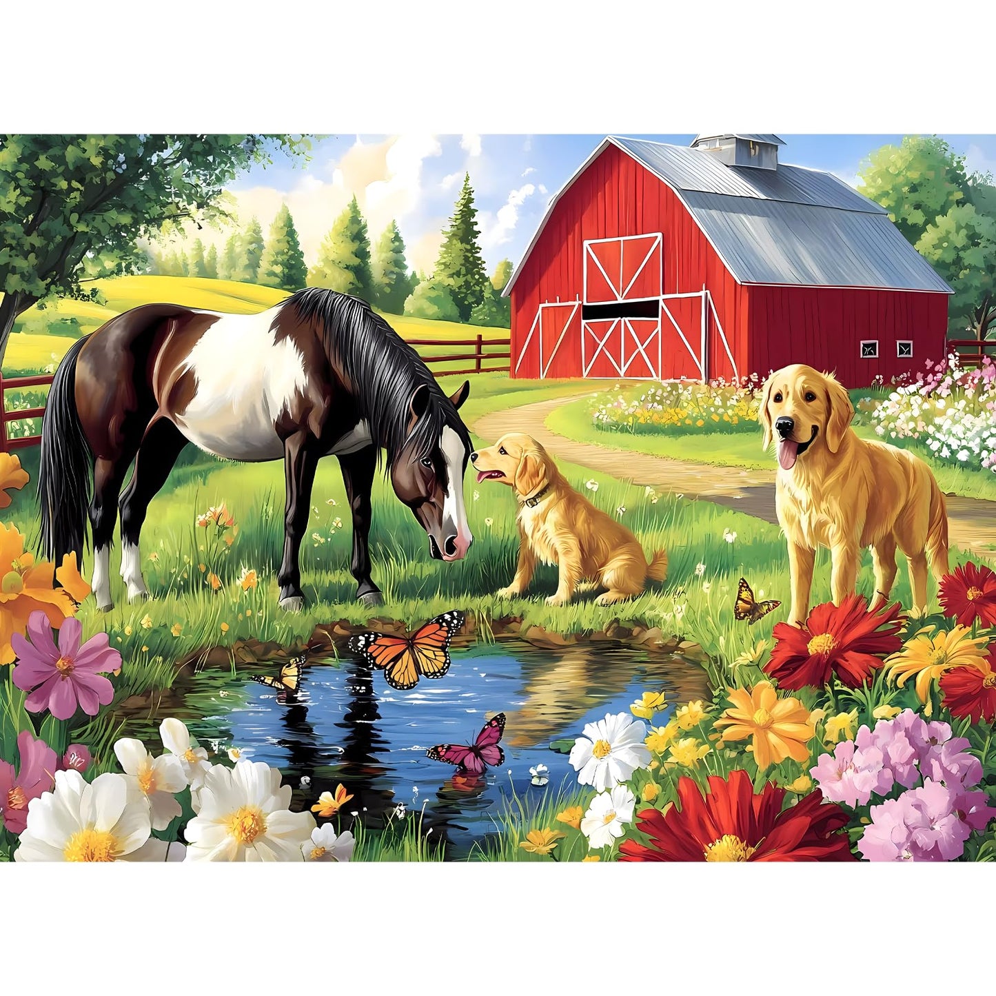 Amusding 300-Piece Puzzle for Adults — Golden Retriever & Horse on Farm Scene | 20.5 x 15 in