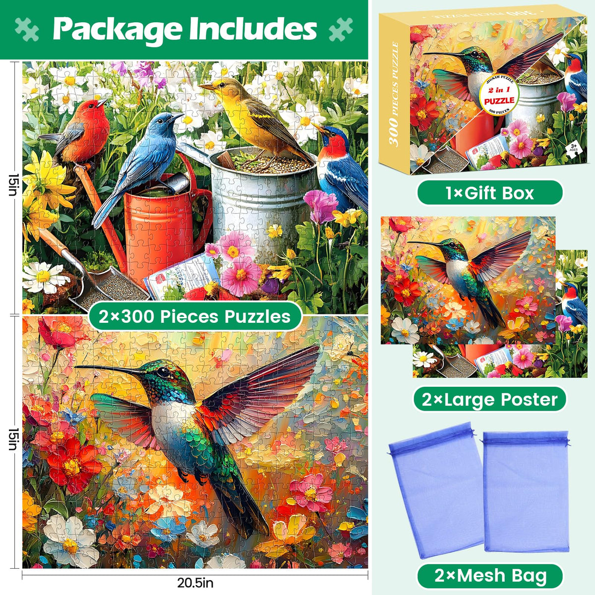 Amusding 2-Pack 300-Piece Puzzles for Adults – Hummingbird & Colorful Bird Scenes