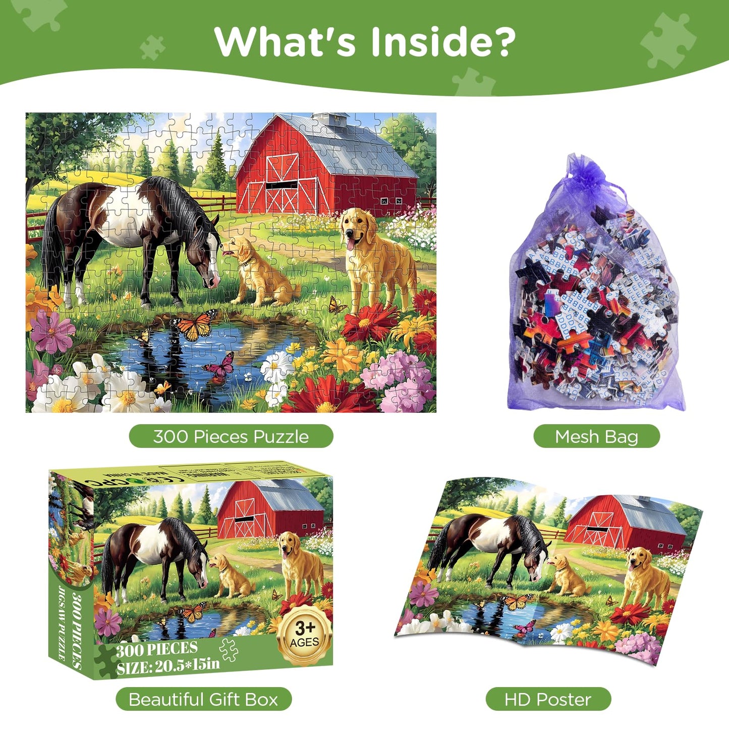 Amusding 300-Piece Puzzle for Adults — Golden Retriever & Horse on Farm Scene | 20.5 x 15 in