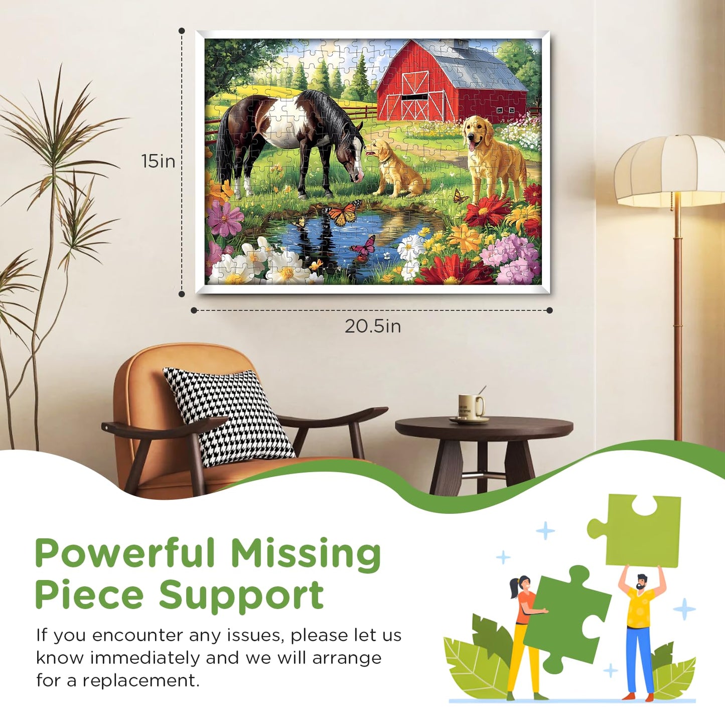 Amusding 300-Piece Puzzle for Adults — Golden Retriever & Horse on Farm Scene | 20.5 x 15 in