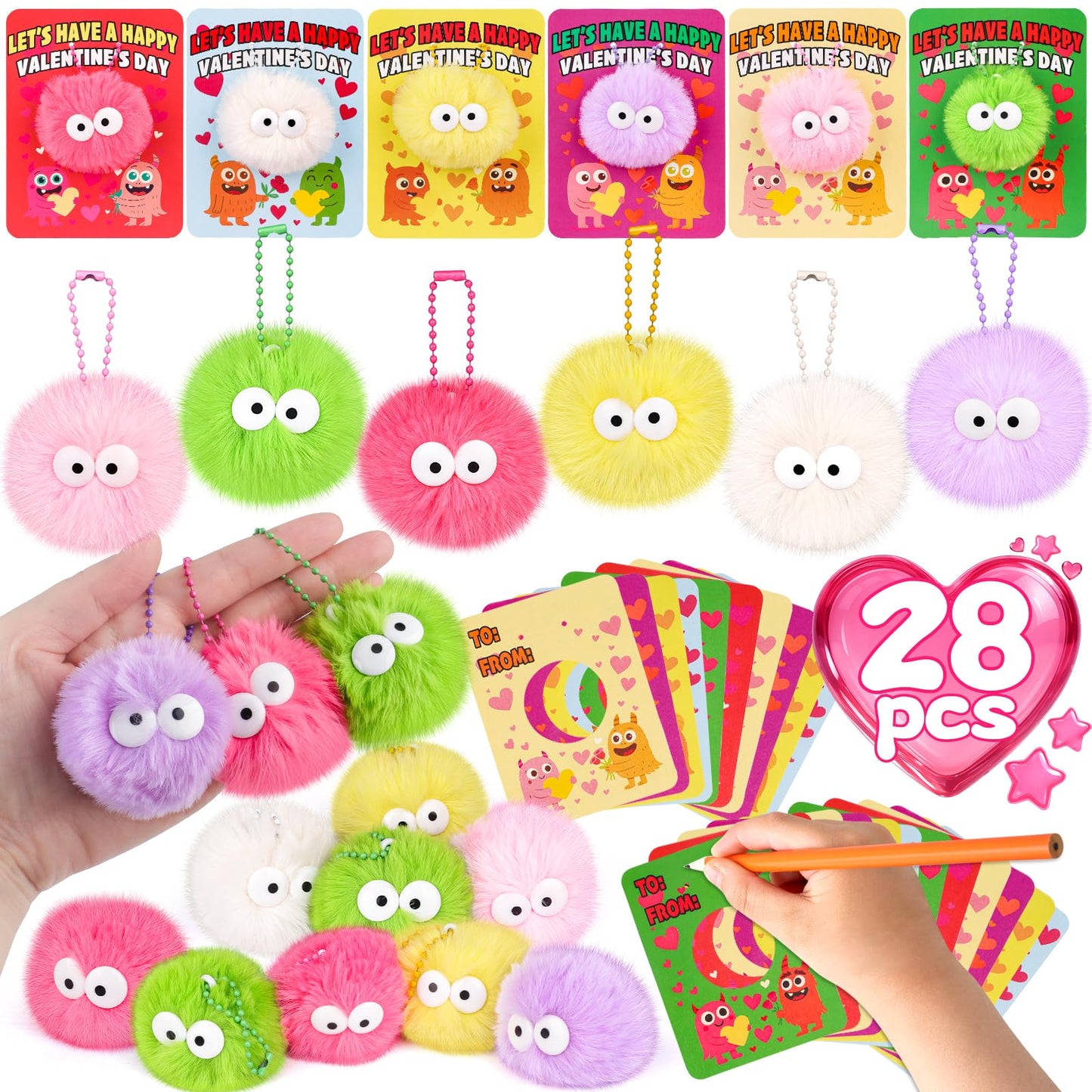Amy & Benton 28-Pack Valentines Day Gift Set — Monster Plush Keychains, Cards & Gift Bags