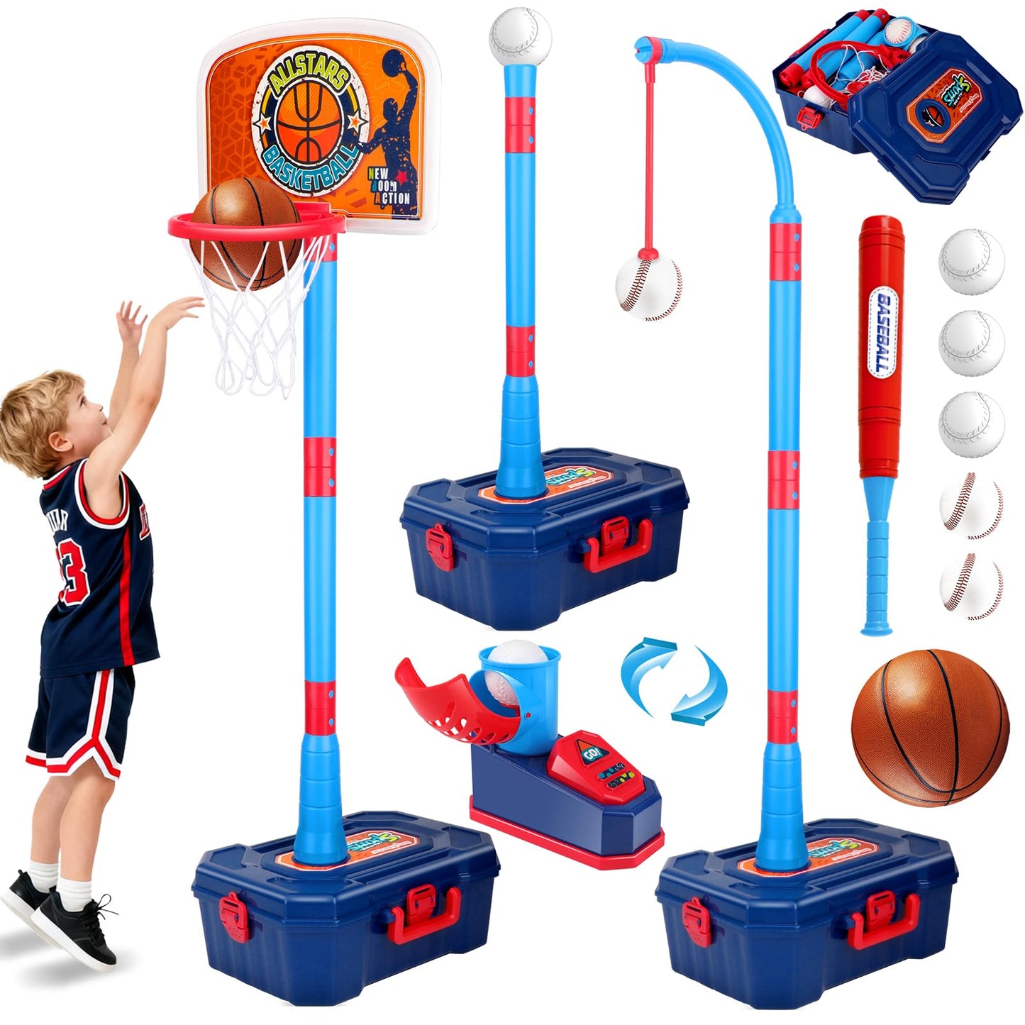 Amy & Benton 4-in-1 Kids Basketball Hoop & Tball Set – Adjustable, Portable Indoor/Outdoor Toy (Ages 3-8)