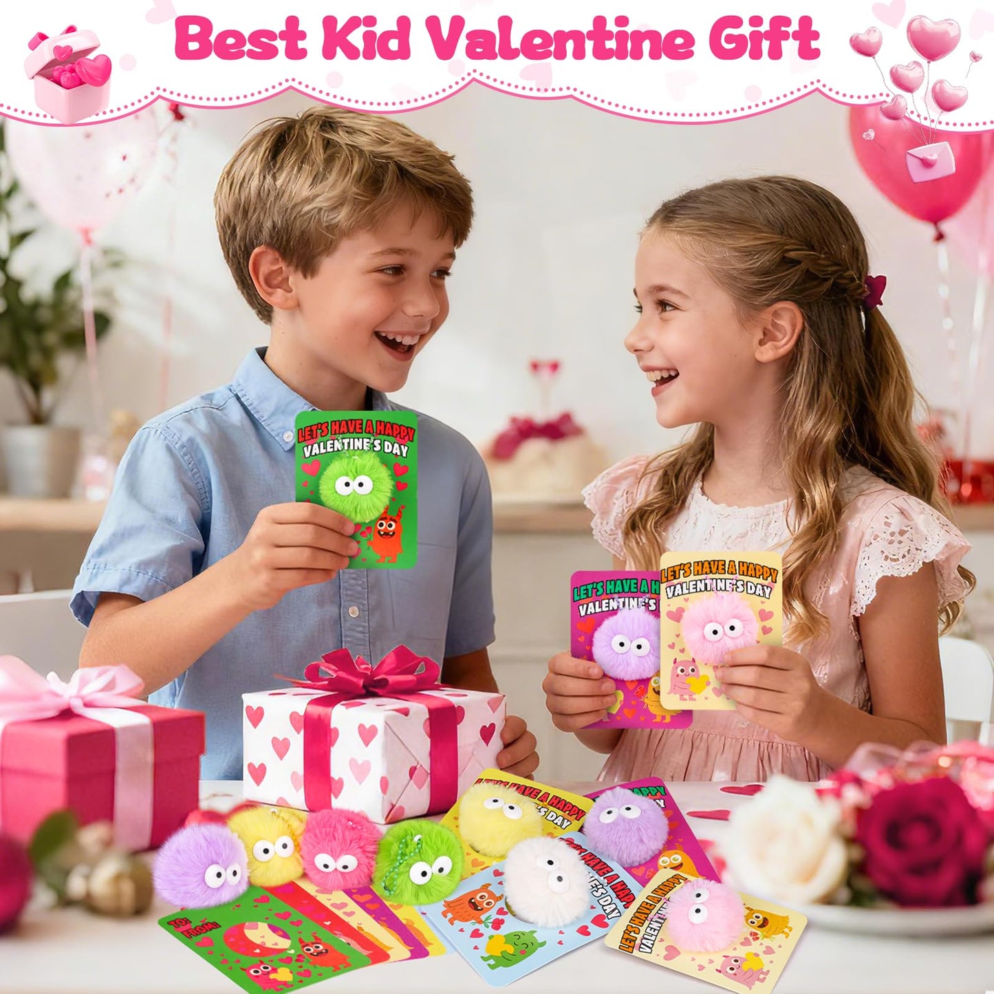 Amy & Benton 28-Pack Valentines Day Gift Set — Monster Plush Keychains, Cards & Gift Bags
