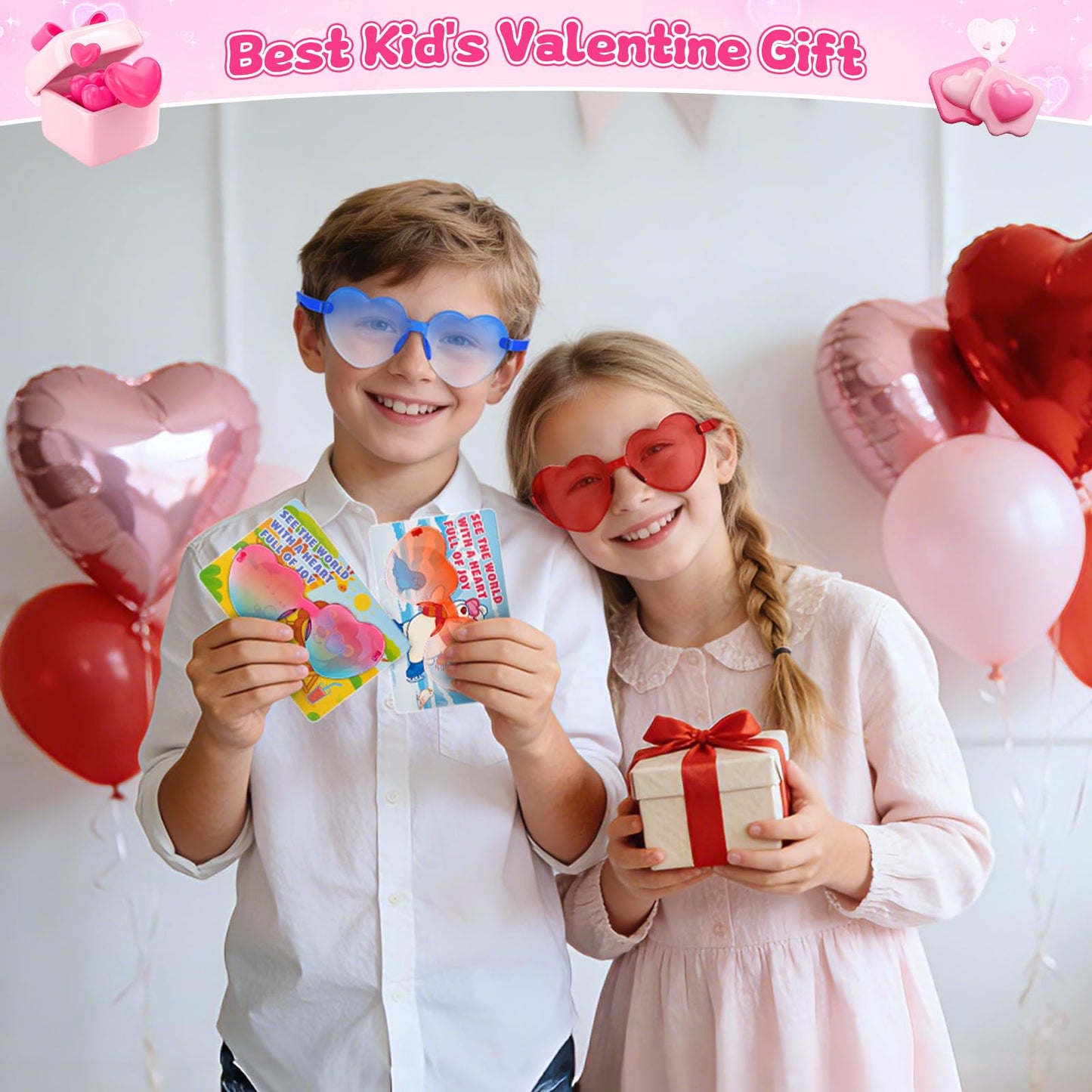 Amy & Benton Valentines Day Gifts for Kids — 28 Heart Shaped Glasses & Cards for Classroom Exchange