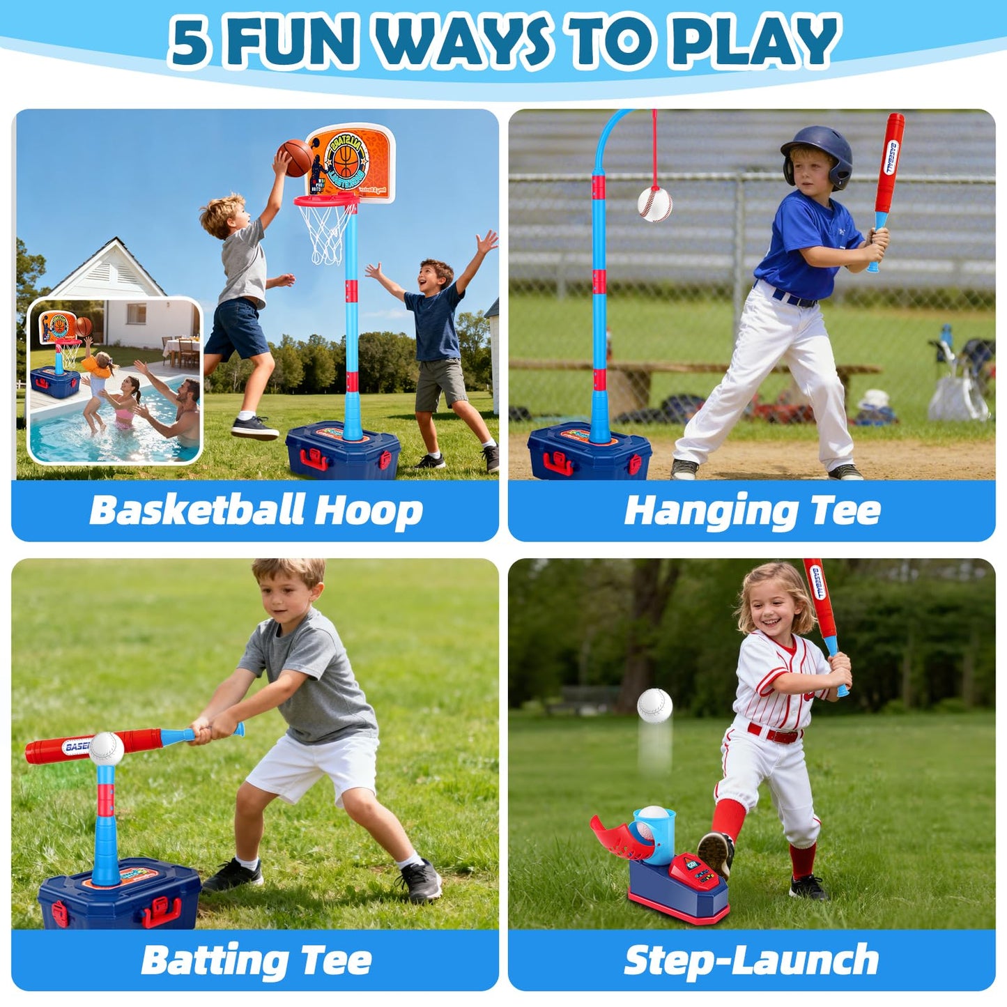 Amy & Benton 4-in-1 Kids Basketball Hoop & Tball Set – Adjustable, Portable Indoor/Outdoor Toy (Ages 3-8)