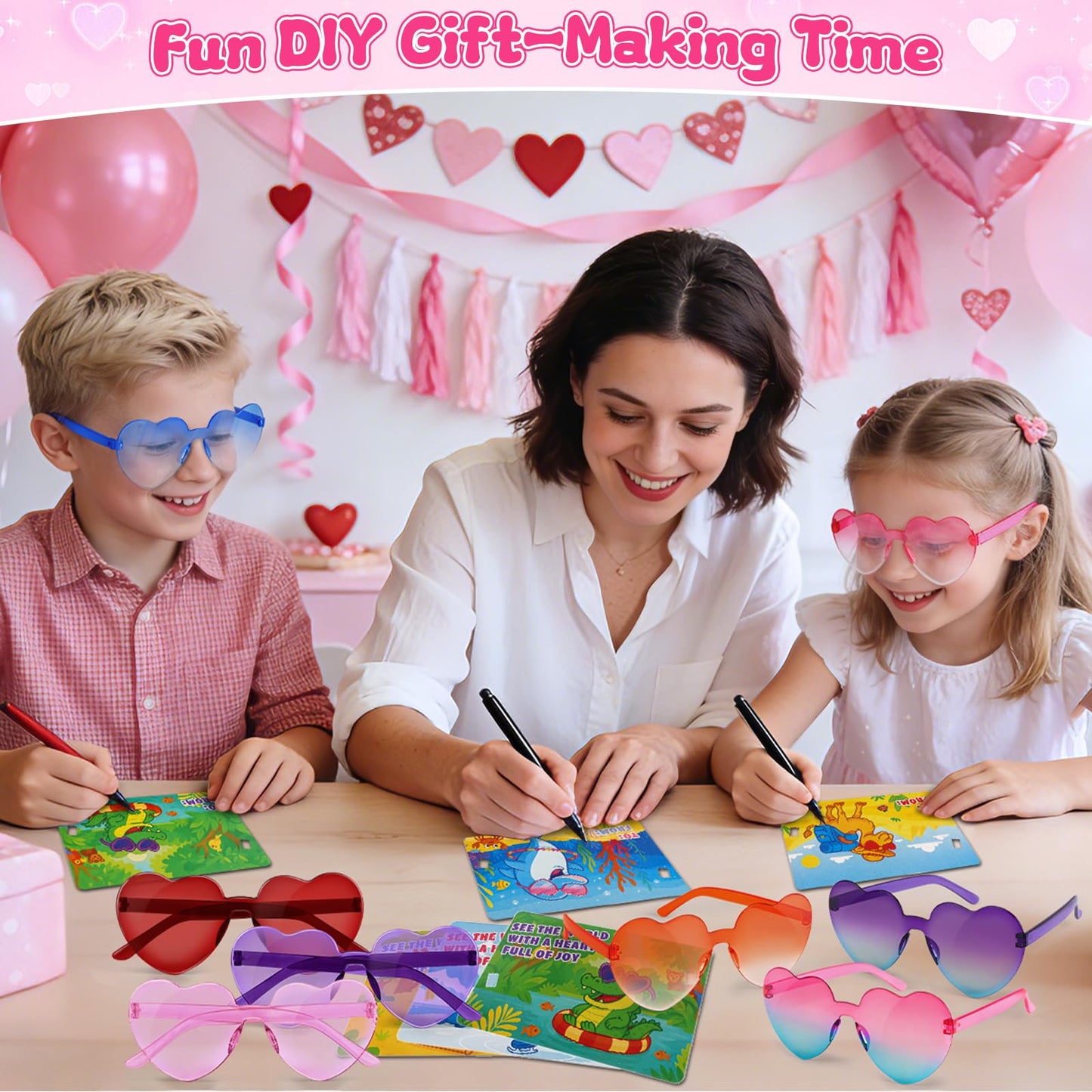 Amy & Benton Valentines Day Gifts for Kids — 28 Heart Shaped Glasses & Cards for Classroom Exchange