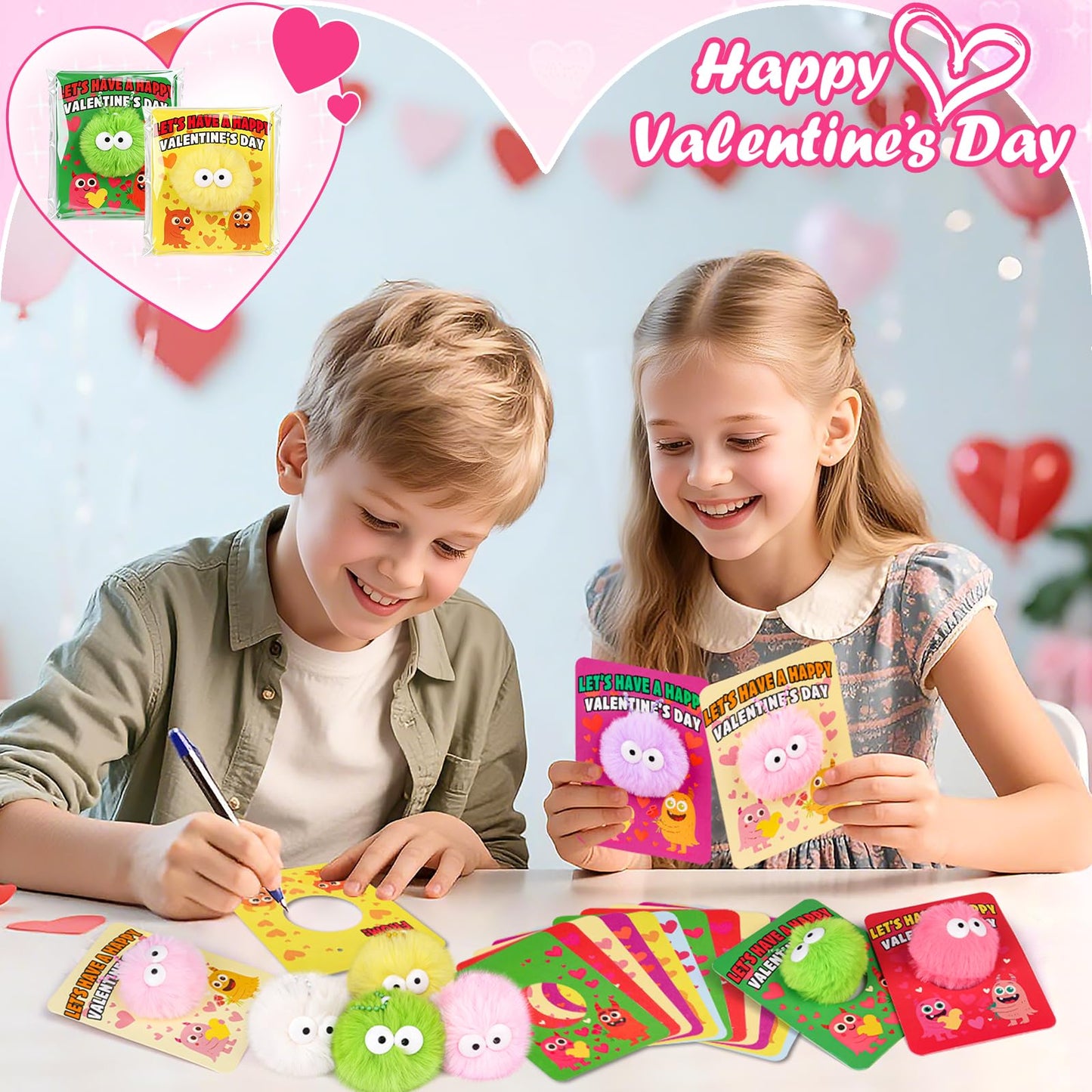 Amy & Benton 28-Pack Valentines Day Gift Set — Monster Plush Keychains, Cards & Gift Bags
