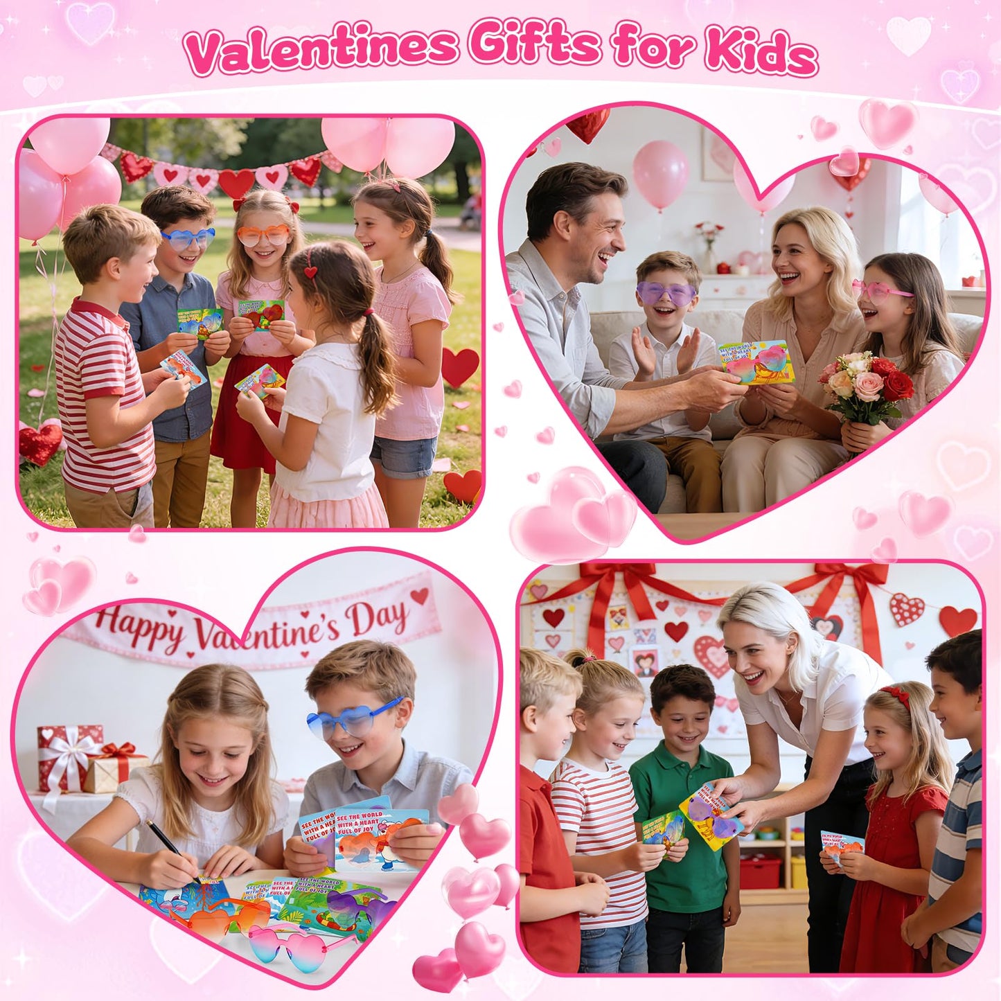 Amy & Benton Valentines Day Gifts for Kids — 28 Heart Shaped Glasses & Cards for Classroom Exchange