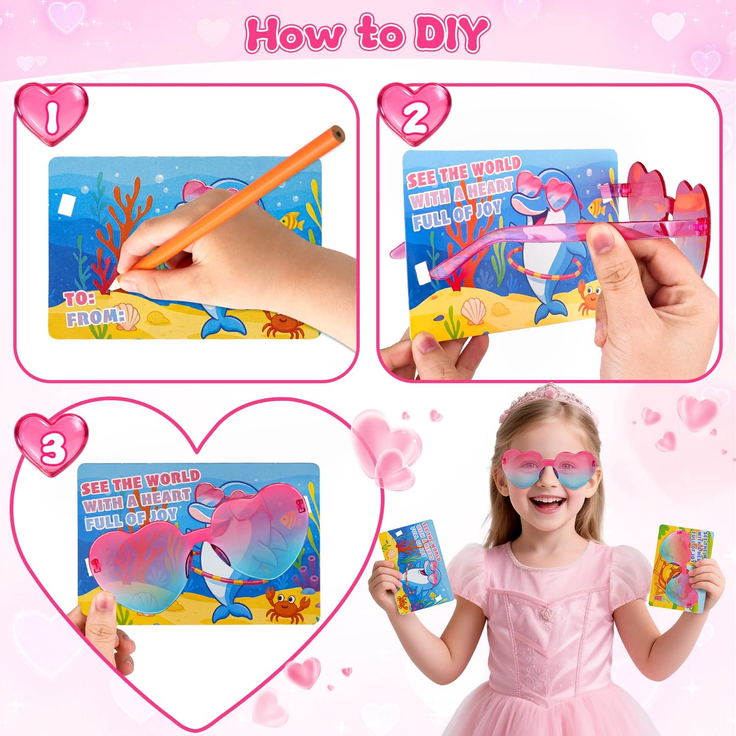Amy & Benton Valentines Day Gifts for Kids — 28 Heart Shaped Glasses & Cards for Classroom Exchange
