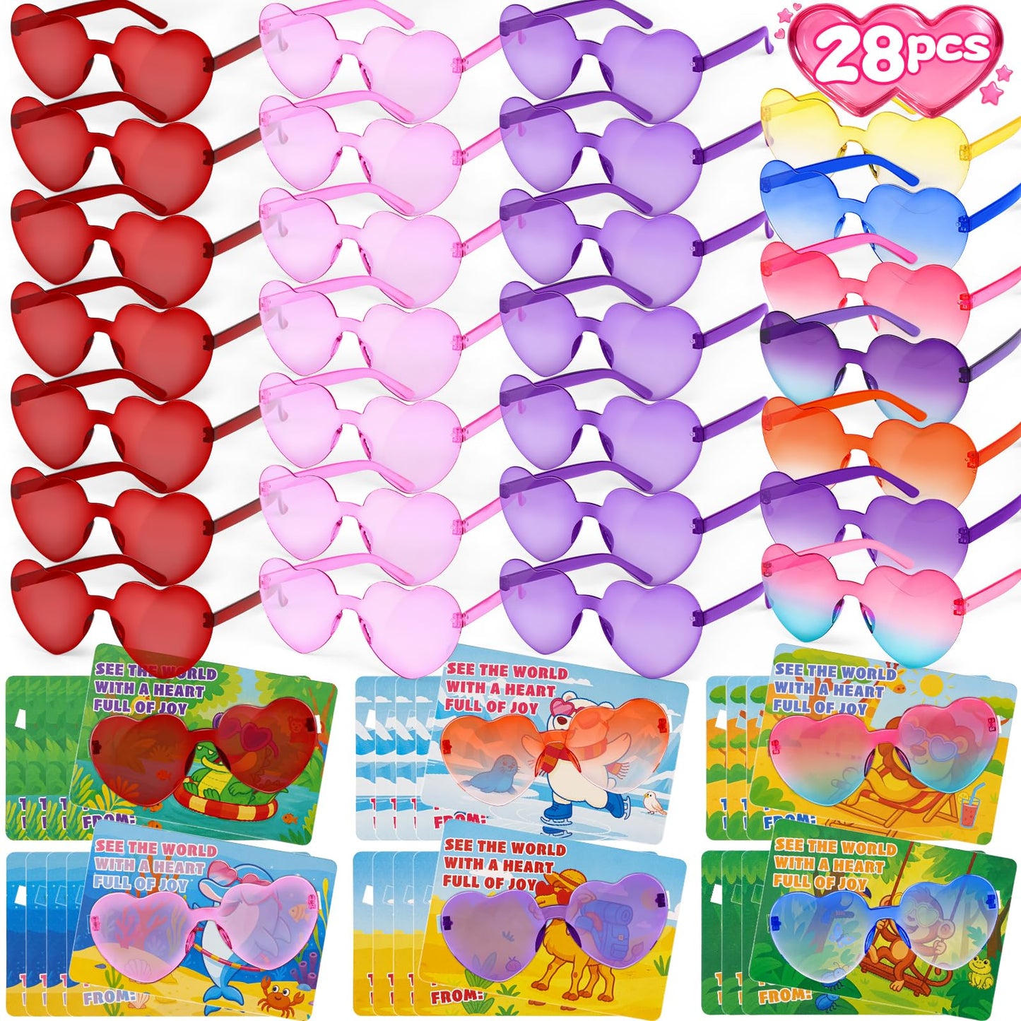 Amy & Benton Valentines Day Gifts for Kids — 28 Heart Shaped Glasses & Cards for Classroom Exchange
