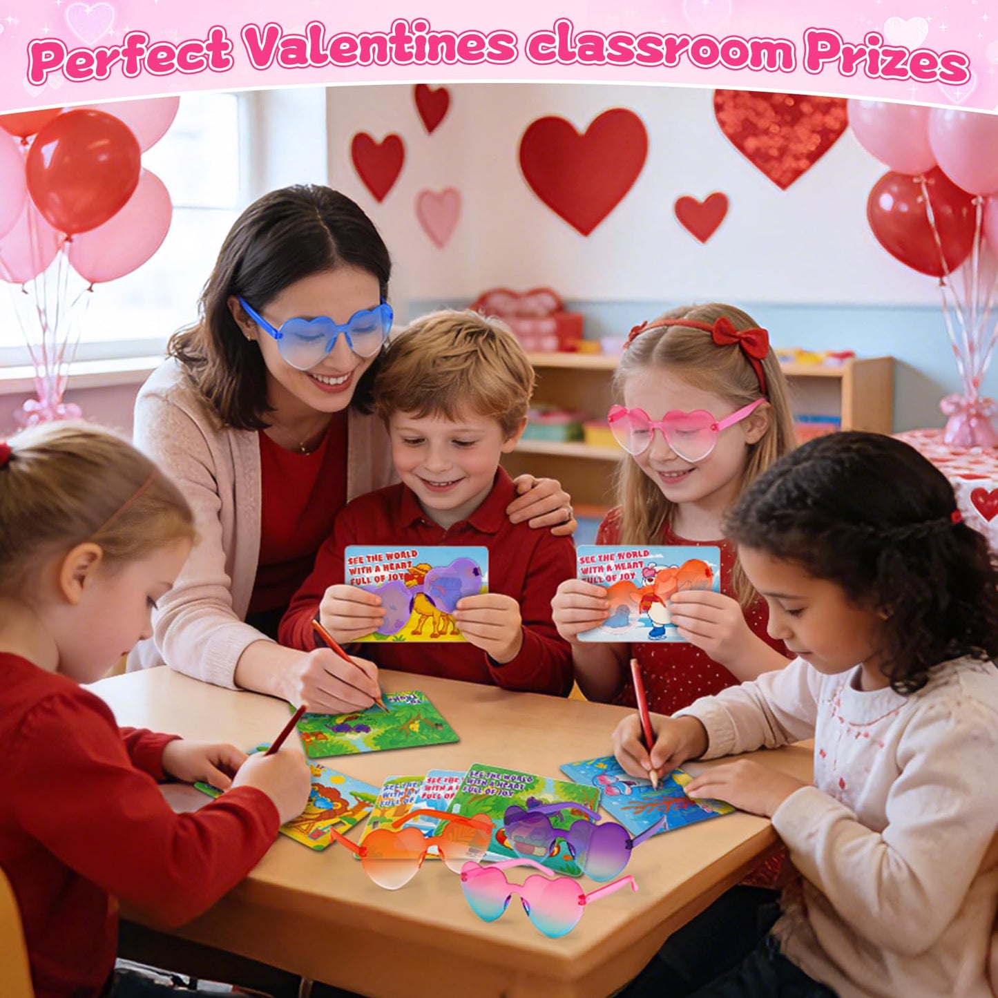 Amy & Benton Valentines Day Gifts for Kids — 28 Heart Shaped Glasses & Cards for Classroom Exchange