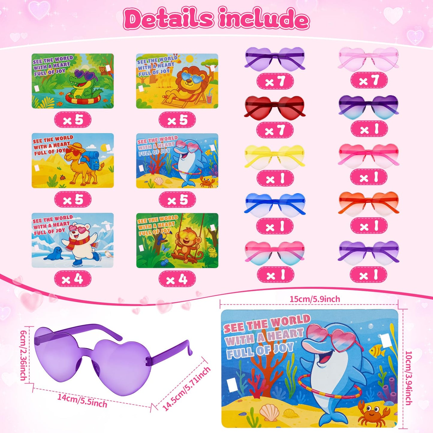 Amy & Benton Valentines Day Gifts for Kids — 28 Heart Shaped Glasses & Cards for Classroom Exchange