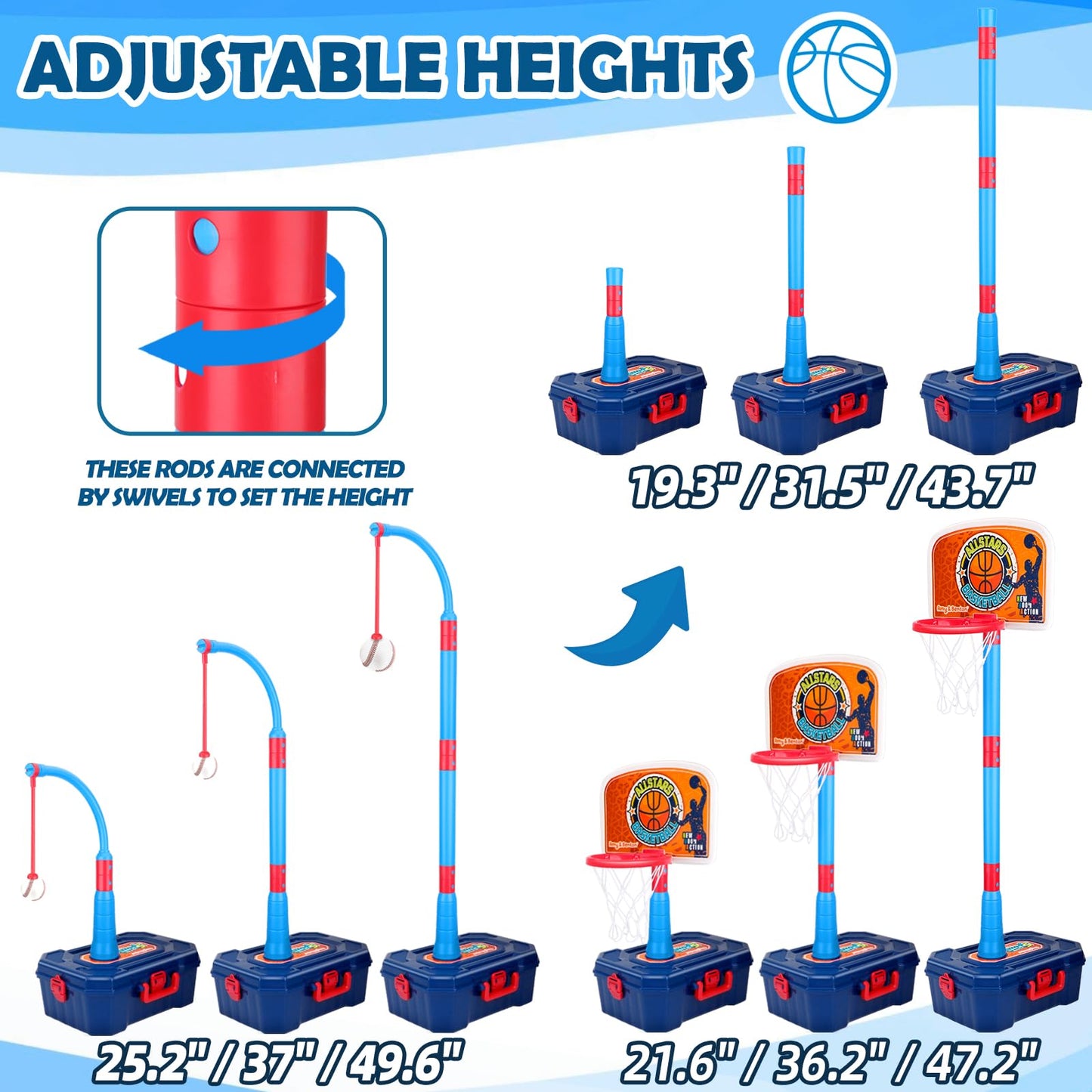 Amy & Benton 4-in-1 Kids Basketball Hoop & Tball Set – Adjustable, Portable Indoor/Outdoor Toy (Ages 3-8)
