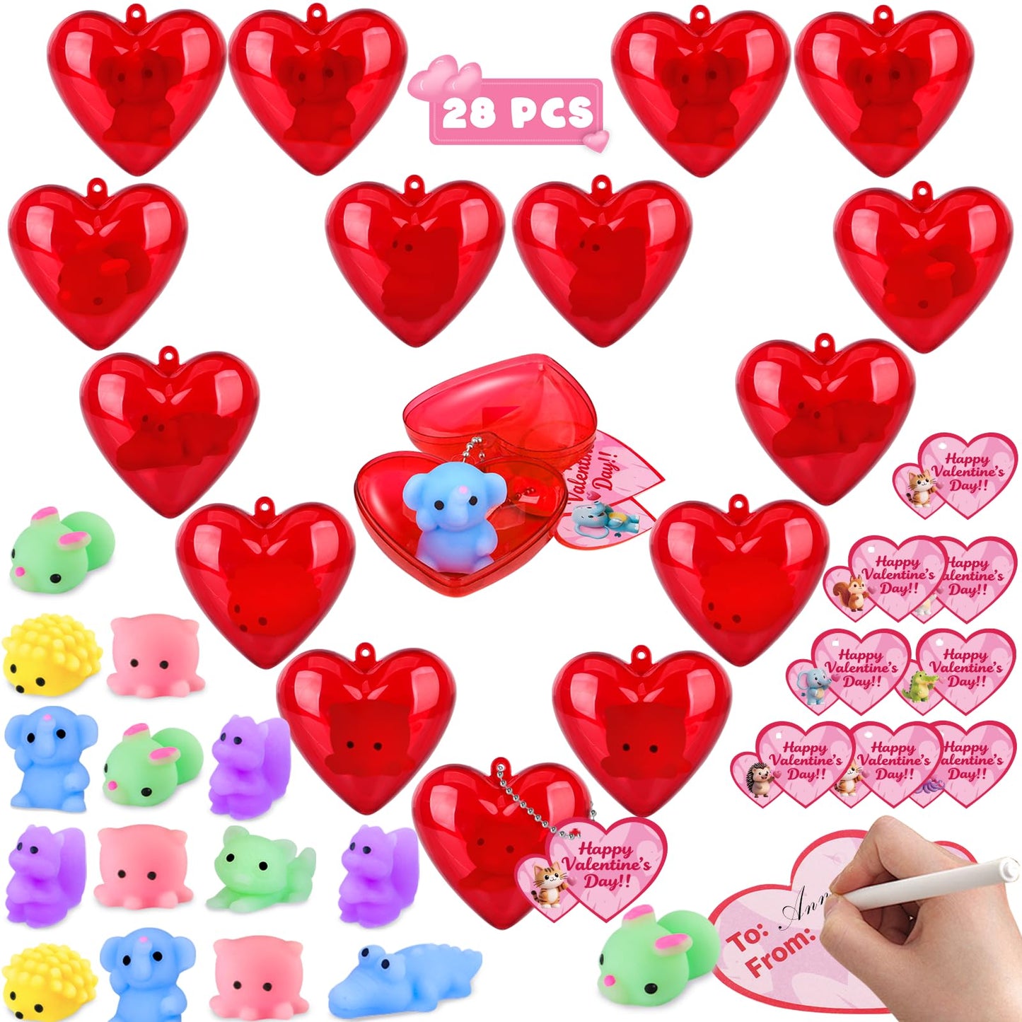 Amy & Benton 28-Pack Valentine Squishy Toys with Cards & Heart Boxes