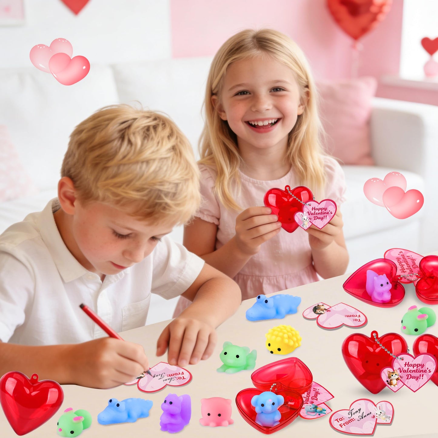 Amy & Benton 28-Pack Valentine Squishy Toys with Cards & Heart Boxes
