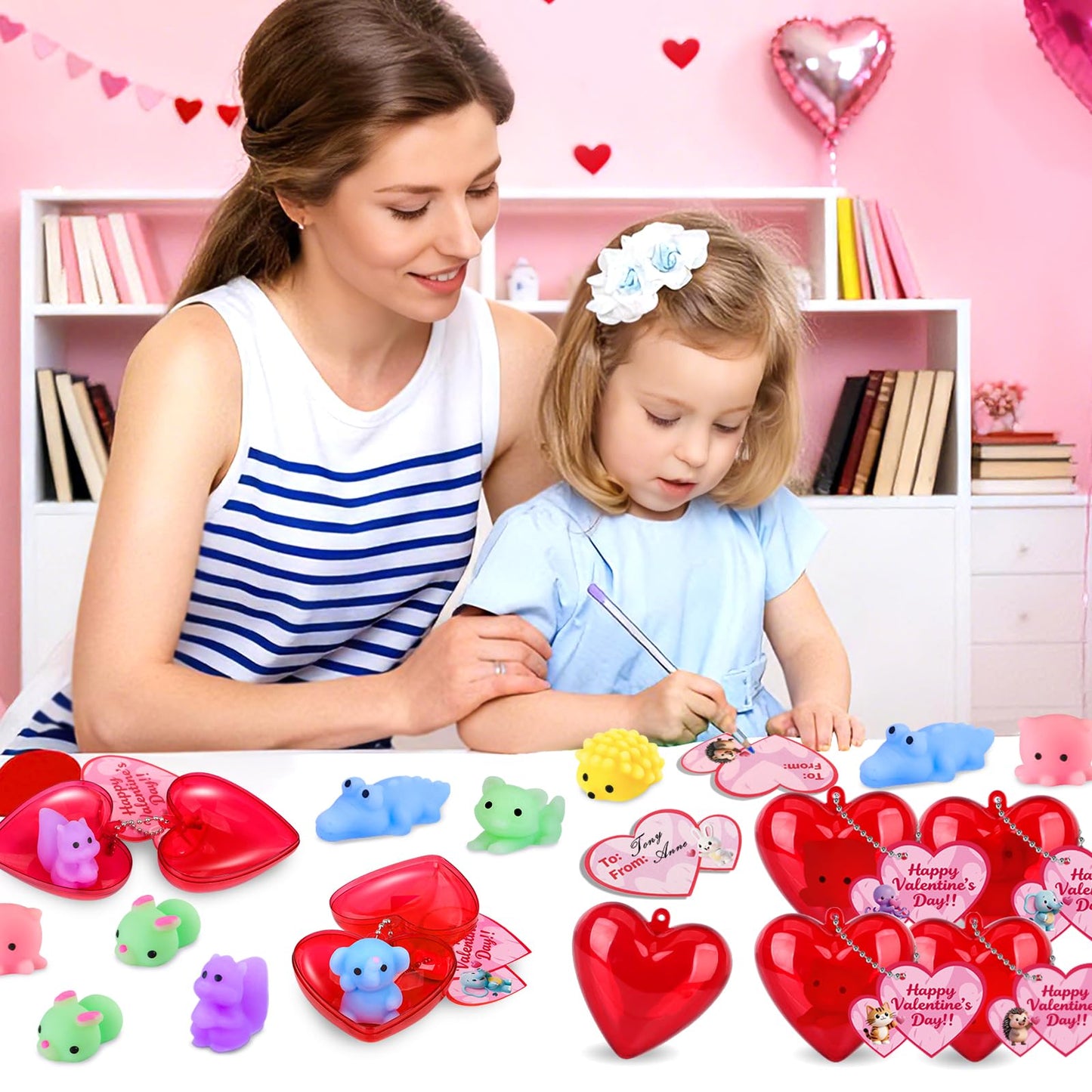 Amy & Benton 28-Pack Valentine Squishy Toys with Cards & Heart Boxes