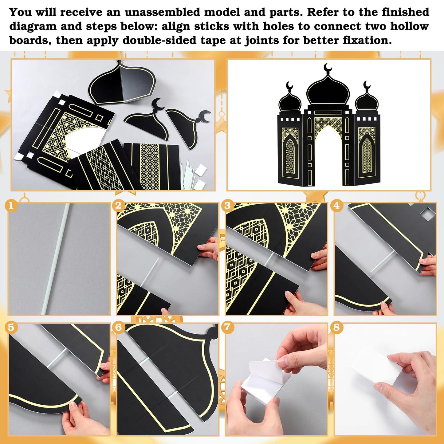 Amyhill Ramadan Eid Mosque Decorations – 41 x 44.5 Inch DIY Hollow Board Mosque Castle (Black & Gold)