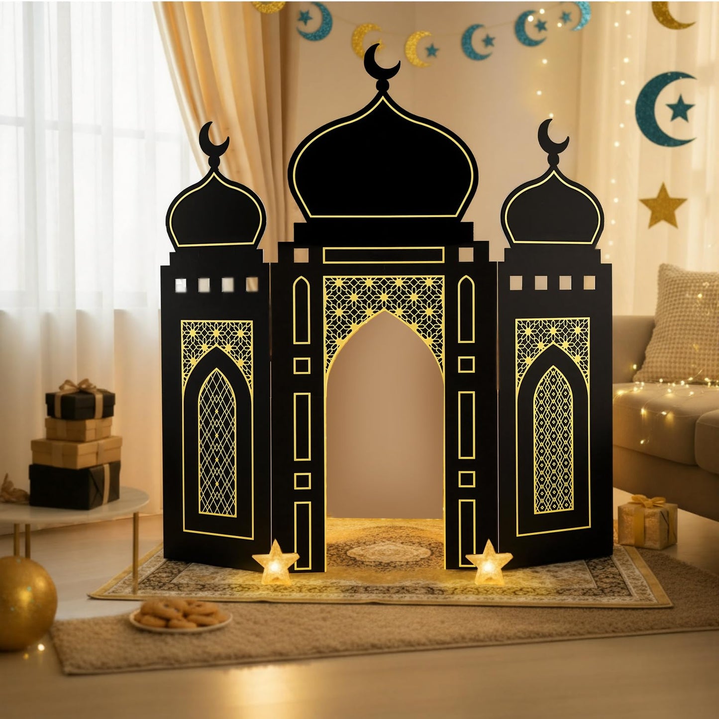 Amyhill Ramadan Eid Mosque Decorations – 41 x 44.5 Inch DIY Hollow Board Mosque Castle (Black & Gold)