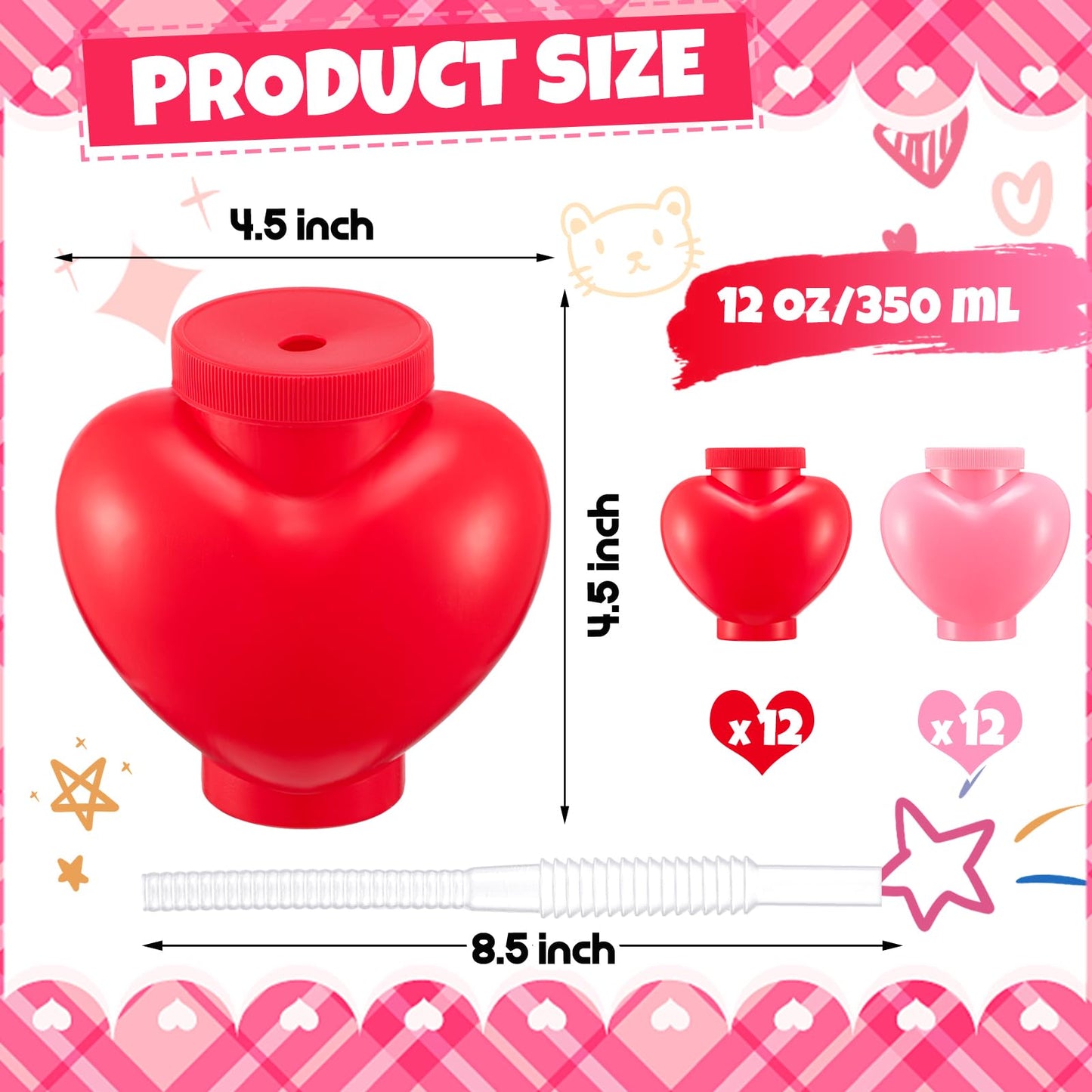 Amyhill 24 Pcs Heart Shaped Cups with Lids & Straws - 12oz Valentine's Party Favors