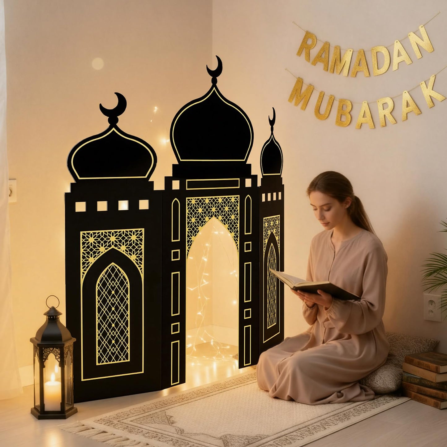 Amyhill Ramadan Eid Mosque Decorations – 41 x 44.5 Inch DIY Hollow Board Mosque Castle (Black & Gold)