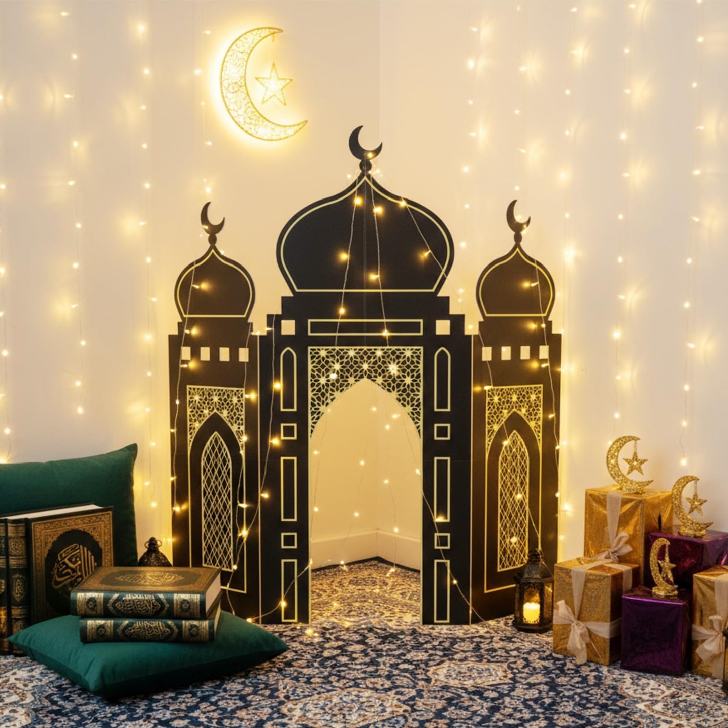 Amyhill Ramadan Eid Mosque Decorations – 41 x 44.5 Inch DIY Hollow Board Mosque Castle (Black & Gold)