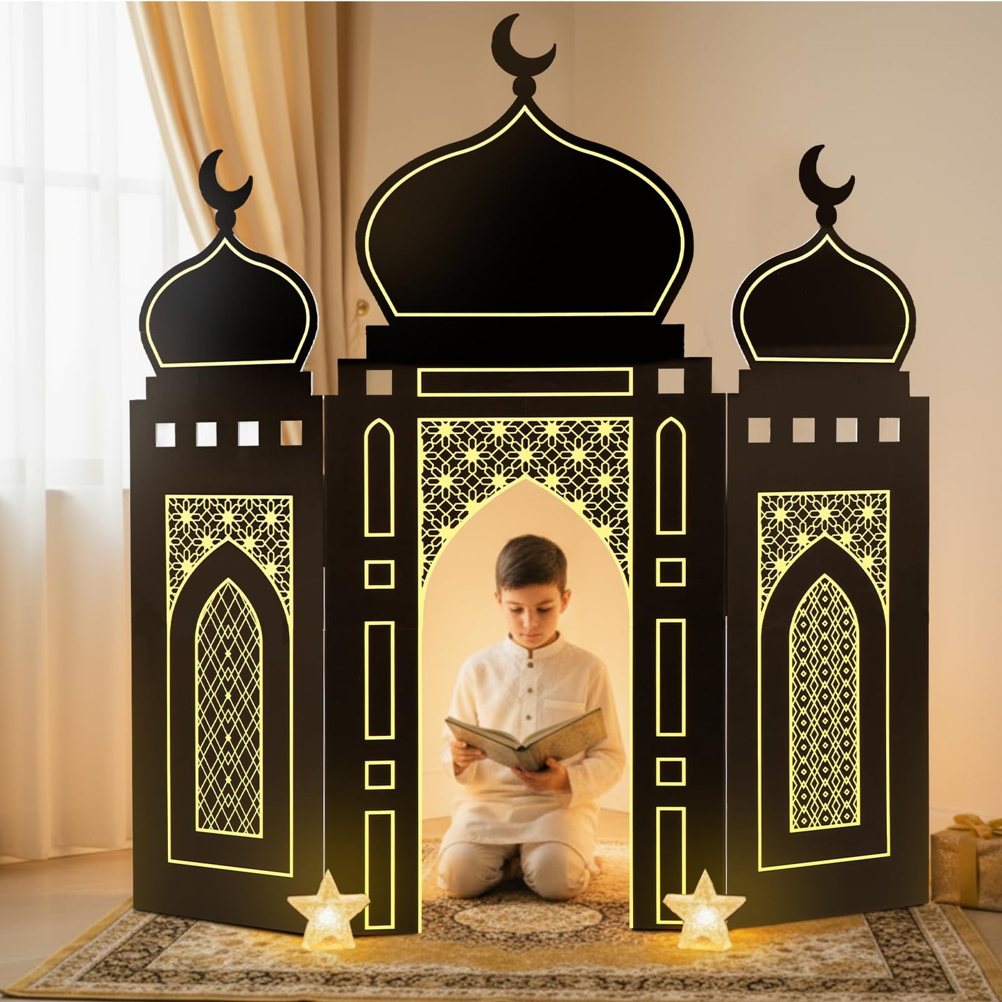 Amyhill Ramadan Eid Mosque Decorations – 41 x 44.5 Inch DIY Hollow Board Mosque Castle (Black & Gold)