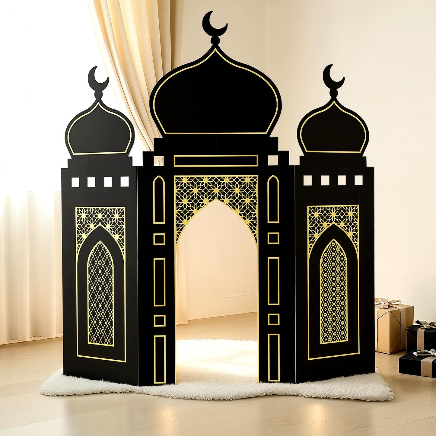 Amyhill Ramadan Eid Mosque Decorations – 41 x 44.5 Inch DIY Hollow Board Mosque Castle (Black & Gold)